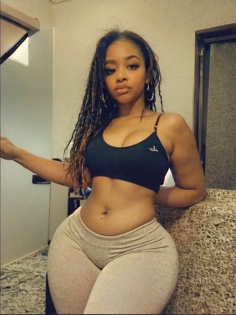 Analog image, neutral density,Highly detailed image ,thick voluptuous Dominican woman, viewed from below, with micro dreadlocks, highly detailed skin,even skin tone, skin imperfections, skin pores visible,wearing a tight red leggings and sports bra ,in a dim lit room , highly detailed clothing 