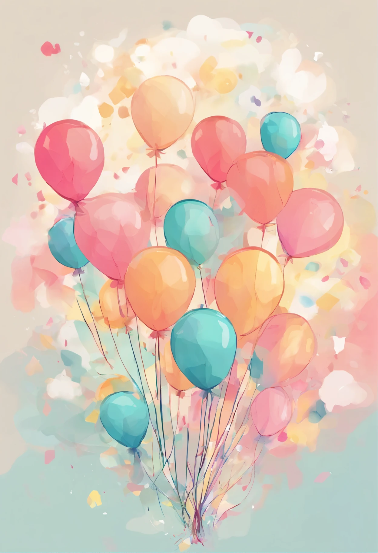 draw an abstract painting.,light pastel colored balloons、aesthetic composition，Minimal style, soft and warm strokes、The main colors of the work are gentle pastel colors.、While staring at this image, you、Interaction of color and texture、Immerse yourself in the warm atmosphere