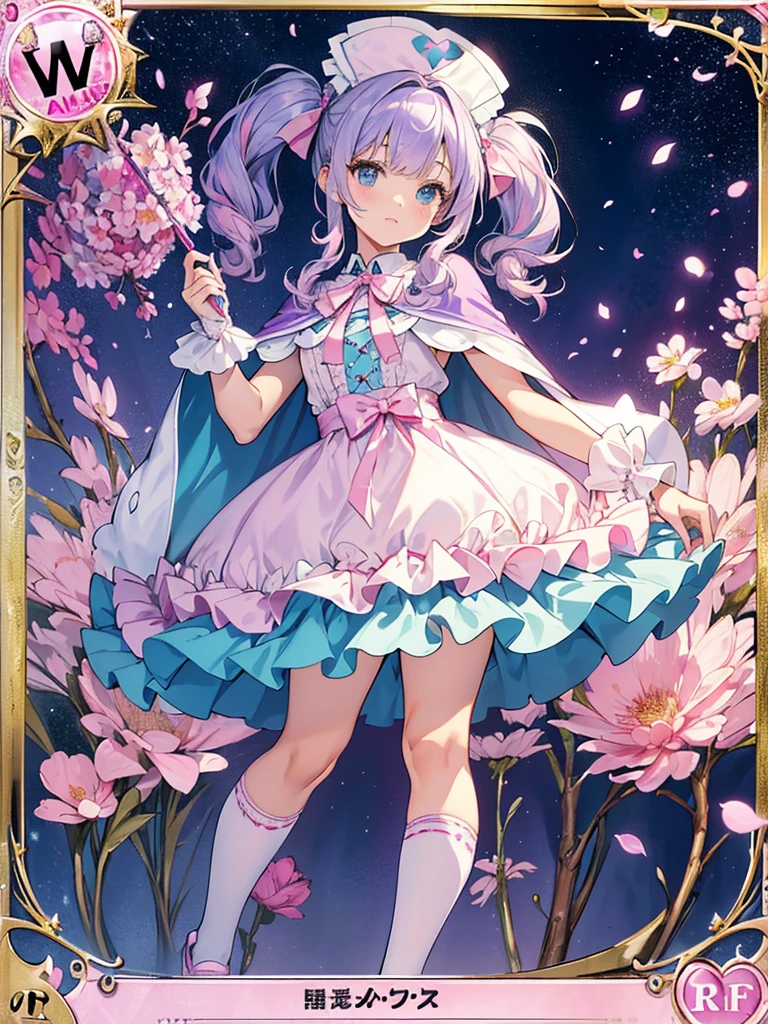 photo realistic, (masterpiece,best quality:1.4),(8k,raw photo,photo realistic:1.2),Not Safe for Work, detailed skin,detailed face,1girl,princess, cute face, super resolution,retro realistic details Illustration,,{{{elaborate,intricately,fantastic,delicately,tremendous,meticulous,minute,incredibly,obsessed,artisan's,subtle,virtuoso,skillful,vibrant, vivid, complex}}}, clearly focus edge, fresh natural gradation, best quality, amazing quality, very aesthetic, absurdres, pubisure, (((Pink  gothic dresses))), mini frilled skirt, (((twintails))), (frilled panties), happy, ((nurse cap)), ((standing)), Alice (Alice in Wonderland), Hair Between Eyes, ((Long hair)), ((light purple hair)), shimmering eyes, aqua eyes, child, 12 yo, petite, cute, (((cape))), Puffy Sleeves, shortsleeves, (((Holding a cute magic wand))), (White frilled apron), flat chest, beautiful hands, neck ribbon, White gloves, baby face, twinkle in the eye, ((pink ribbon)) (((frilled overknee socks))),(((high tops))), ((high heels)), Heart necklace, ring, masterpiece, top-quality, not safe for work, yumekawa,yumekawaii, pastel color,(wonderland:1.3),imagination, (((falling petals))), Flower, (Multicolored lights), (((trading card)))