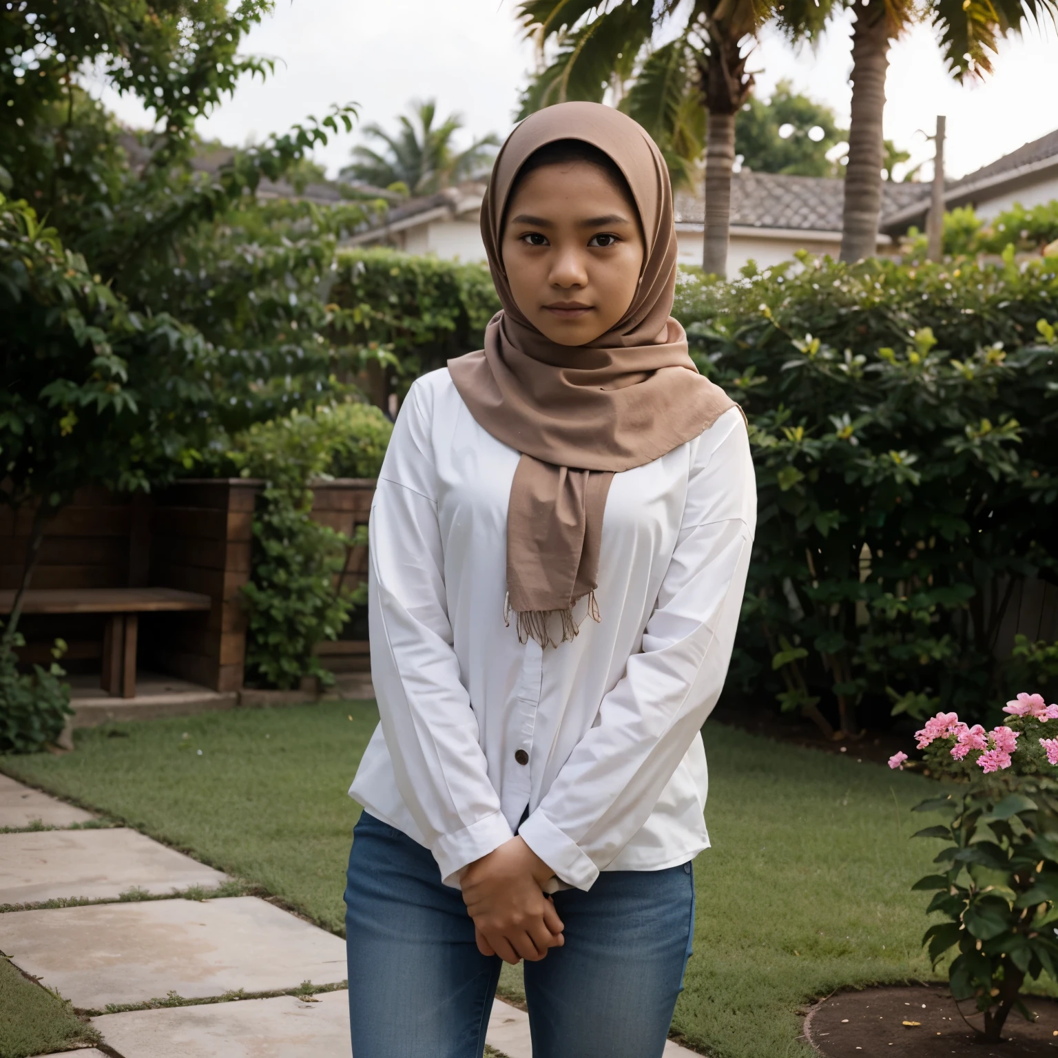 1 Malay Girl, , Modern Plain Hijab, Shy, Medium Portrait, Watery Eyes, Seductive, sad face. lustful face, Mole Under the Eye, Wearing blaus and jeans, Full Body Photo, Looking at the Viewer, Facing the camera, flower garden background, bokeh, proportional body,