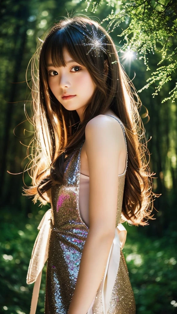 ribbon、whole body、girl、sparkle in the eyes、sparkling effect、realistic style、dark forest background、bread from the center