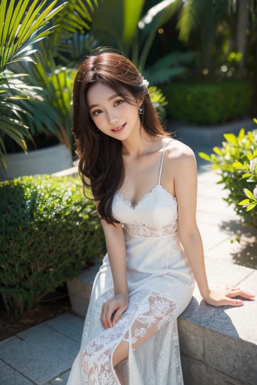 Ulsan-6500-V1.1、Extremely detailed、High definition、Raw color photo、wide shot、1 young woman、Kpop Girl、high detail skin、soft light from above、vivid colors、shiny white skin、wonderful face and eyes、Light makeup、Smile、thin lace long dress、long legs、Tropical Botanical Gardens、Bouquet in hand