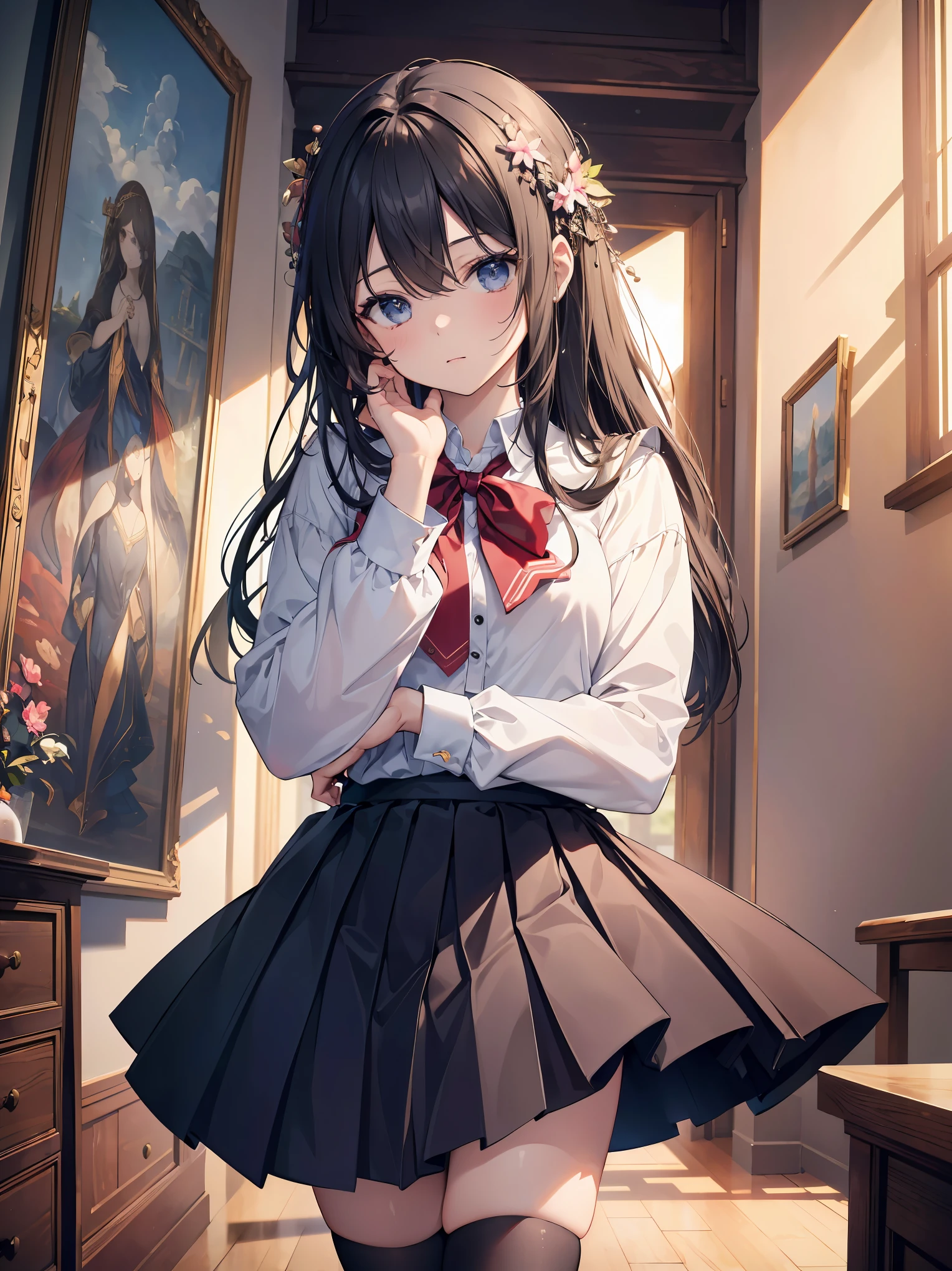 (Super Finest Work of God of Creation: 1.4), (Super Absolute Resolution: 1.4), (Best Masterpiece of God of Art: 1.4), Highly detailed face, original characters, perfect lighting, best colors, colorful , beautiful, fine details, natural volumetric lighting and best shadows, deep depth of field, (highest quality, amazing details: 1.4), (complex, detailed and realistic materials, textures and light sources: 1.3), (perfect Anatomy: 1.2), Ultra-detailed skin, (Best lighting by famous artists: 1.2), 8K, (Acting guidance of charming poses by famous masters: 1.4), (1 girl), Solo, Beauty of Aphrodite reincarnation, , long hair, long sleeves, tie, school uniform, pleated skirt, juliet sleeves, black stockings, pink shirt, cowboy shot, (skirt lift:1.3), indoors, , (depth of field: 1.5), Head tilted, looking at the viewer from behind, looking back, flexible Torso, looking up,