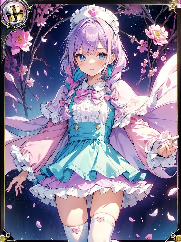photo realistic, (masterpiece,best quality:1.4),(8k,raw photo,photo realistic:1.2),Not Safe for Work, detailed skin,detailed face,1girl,princess, cute face, super resolution,retro realistic details Illustration,,{{{elaborate,intricately,fantastic,delicately,tremendous,meticulous,minute,incredibly,obsessed,artisan's,subtle,virtuoso,skillful,vibrant, vivid, complex}}}, clearly focus edge, fresh natural gradation, best quality, amazing quality, very aesthetic, absurdres, pubisure, (((Pink gothic dresses))), mini frilled skirt, (((twin braids))), (frilled panties), happy, ((nurse cap)), ((standing)), Alice (Alice in Wonderland), Hair Between Eyes, ((Long hair)), ((light purple hair)), shimmering eyes, aqua eyes, child, 12 yo, petite, cute, (((cape))), Puffy Sleeves, shortsleeves, (((Holding a cute magic wand))), (White frilled apron), flat chest, beautiful hands, neck ribbon, White gloves, baby face, twinkle in the eye, ((pink ribbon)) (((frilled overknee socks))),(((high tops))), ((high heels)), Heart necklace, ring, masterpiece, top-quality, not safe for work, yumekawa,yumekawaii, pastel color,(wonderland:1.3),imagination, (((falling petals))), Flower, (Multicolored lights), (((trading card)))