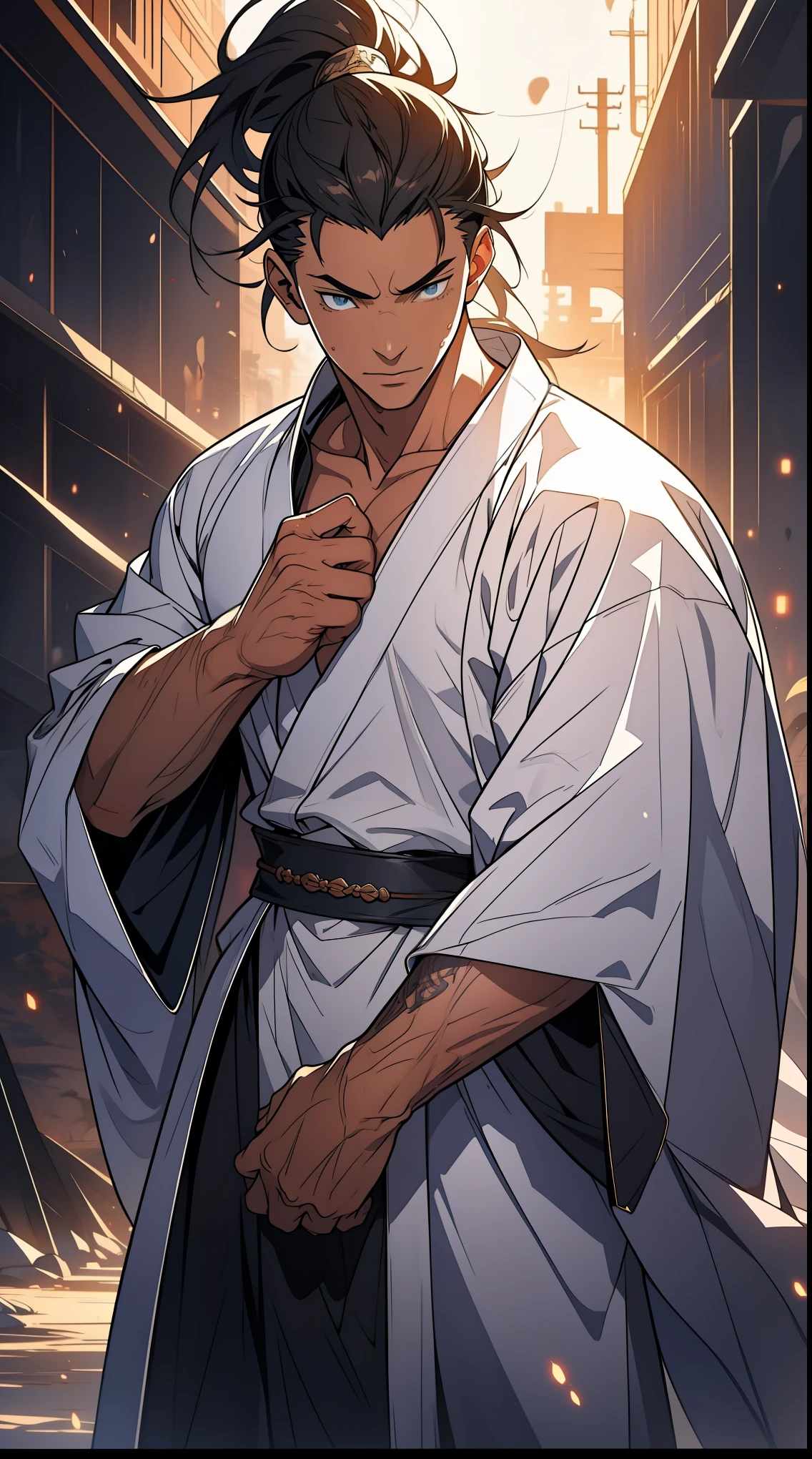 Two dimensions，anime style，one person（male warrior），proportions are correct，facial details，swordsman，high ponytail hairstyle，neck detail，Have an Adam&#39;s apple，White robe，joke，white robe，clothing details，transfer，long sleeves，Game quality，fencing，Ray tracing，Ray tracing，Detailed glow，CG rendering，hair details，long white hair，blue eyes，Handsome，Handsome，（Youthful feeling），Clothing is complicated，Perfect composition，refine，high quality，higher details，many details，Complex background，a sense of atmosphere，