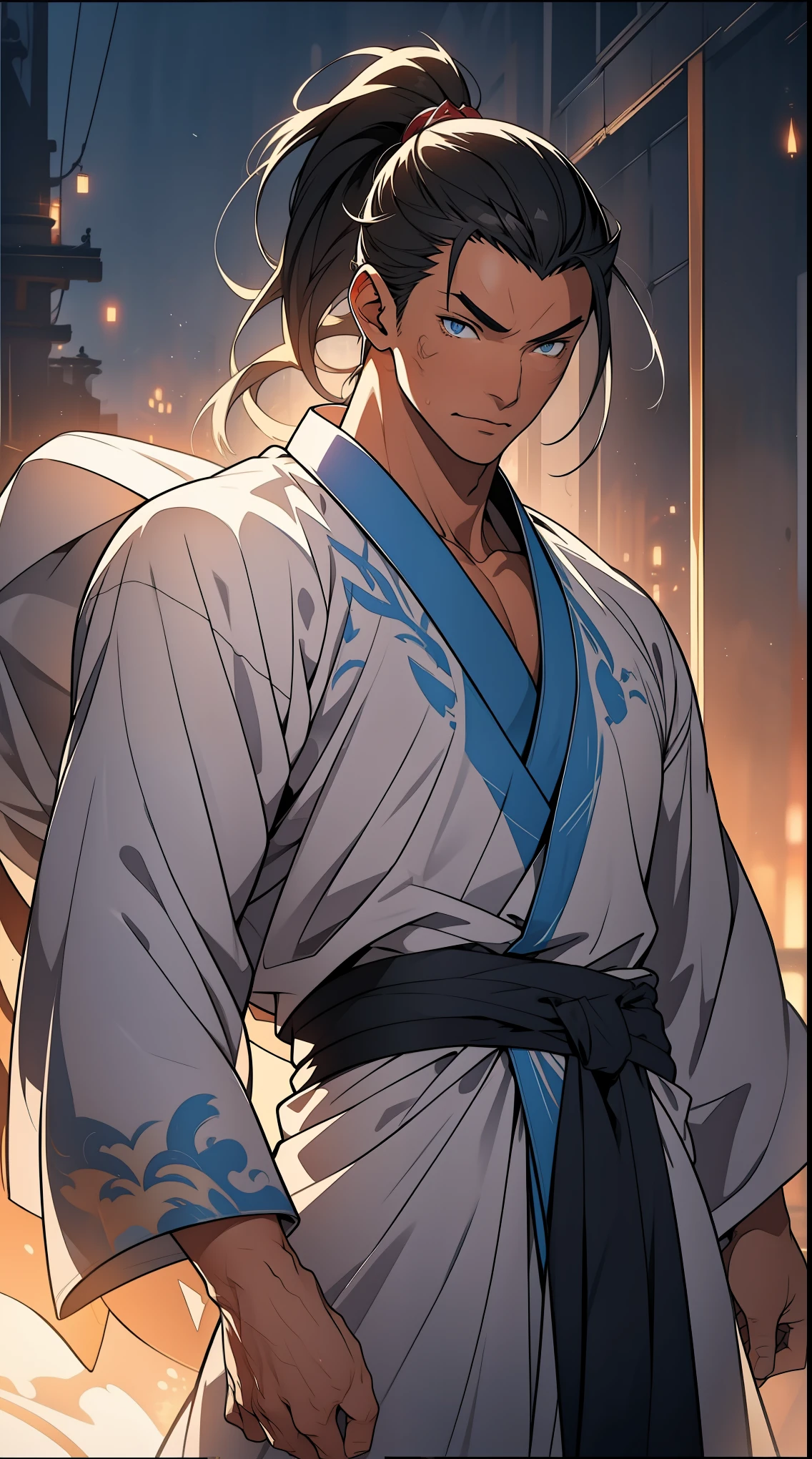 Two dimensions，anime style，one person（male warrior），proportions are correct，facial details，swordsman，high ponytail hairstyle，neck detail，Have an Adam&#39;s apple，White robe，joke，white robe，clothing details，transfer，long sleeves，Game quality，fencing，Ray tracing，Ray tracing，Detailed glow，CG rendering，hair details，long white hair，blue eyes，Handsome，Handsome，（Youthful feeling），Clothing is complicated，Perfect composition，refine，high quality，higher details，many details，Complex background，a sense of atmosphere，