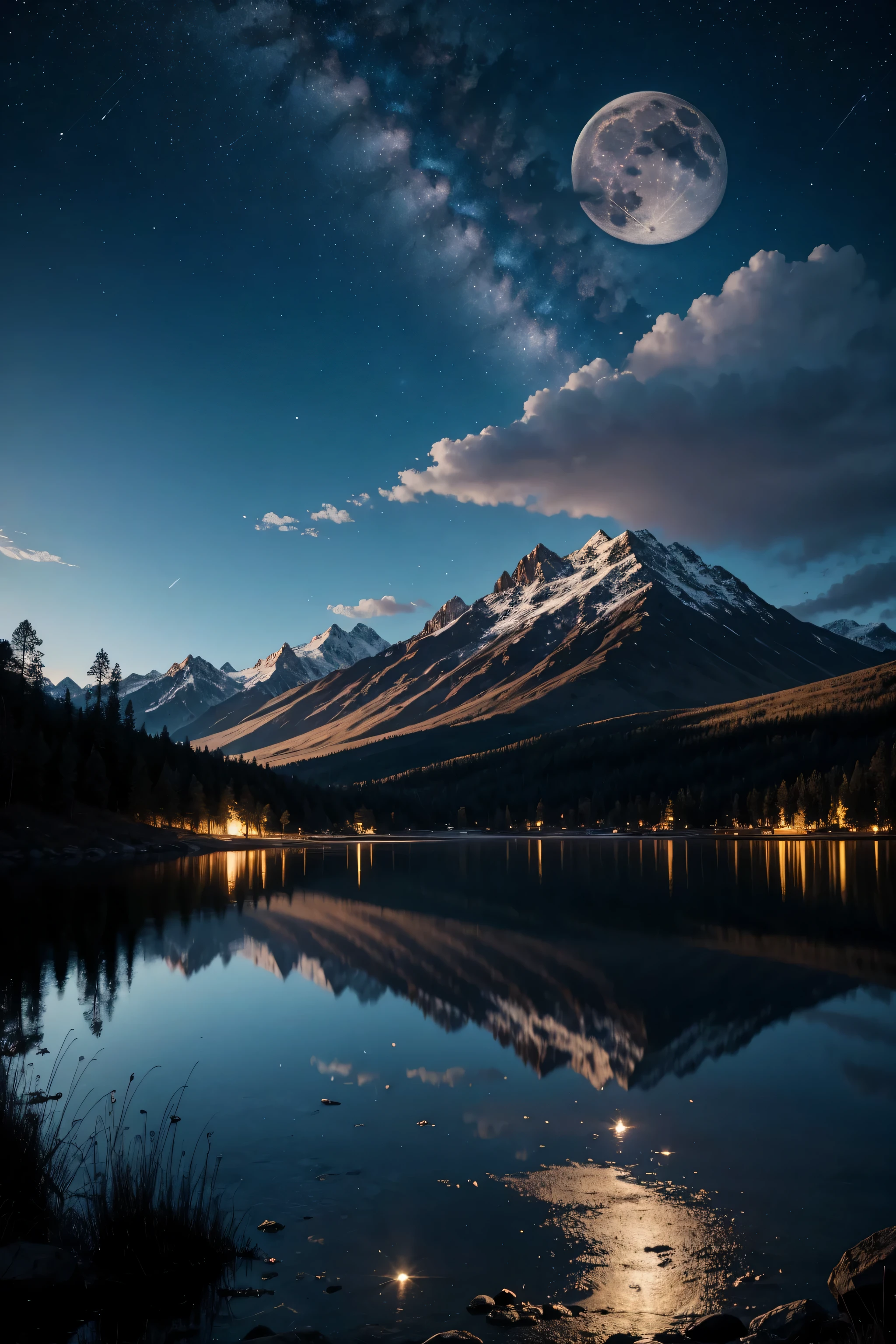 The full moon hangs high in the sky,starry night sky,Stars and mountains reflected in the lake, 4k highly detailed digital art, 8K Stunning Artwork, , Epic Fantasy Science Fiction,, Impressive fantasy scenery,