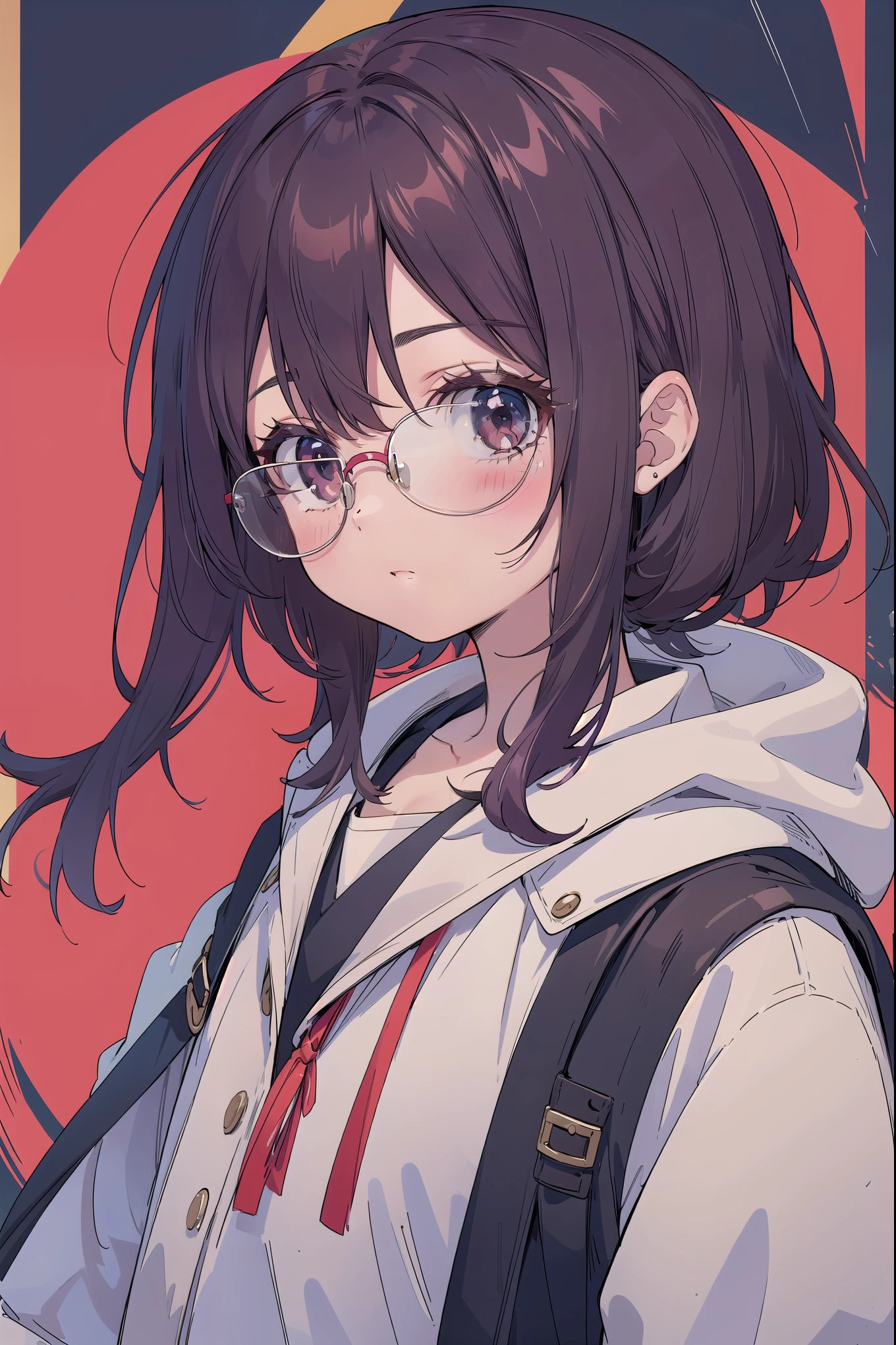 chica arrugando los ojos con cabello rosa oscuro con fleco y cabello en capas, small face, con gafas rectangulares rojas, sentada
