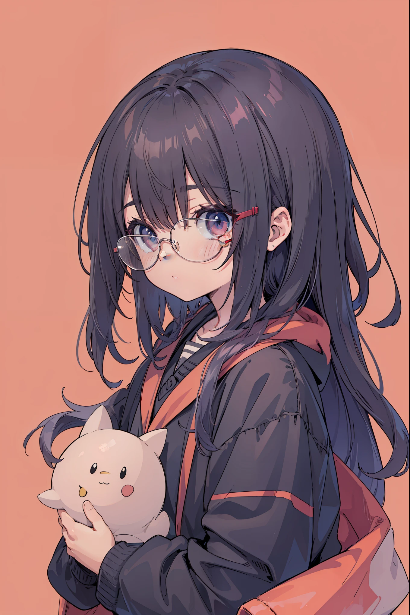 chica arrugando los ojos con cabello rosa oscuro con fleco y cabello en capas, small face, con gafas rectangulares rojas, sentada