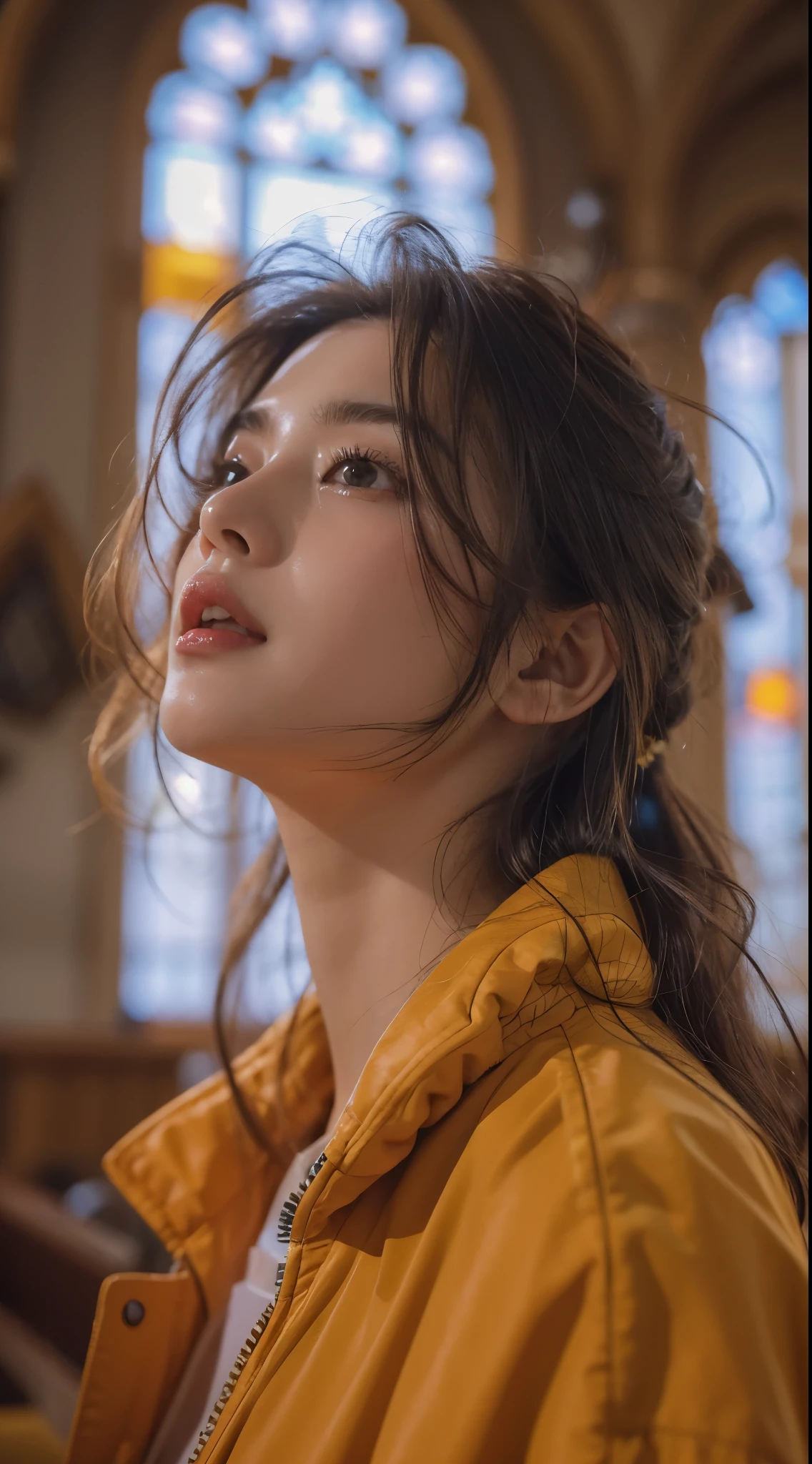 A Korea girl laying on floor, in church , top view details face , details body , wear bomber jacket yellow