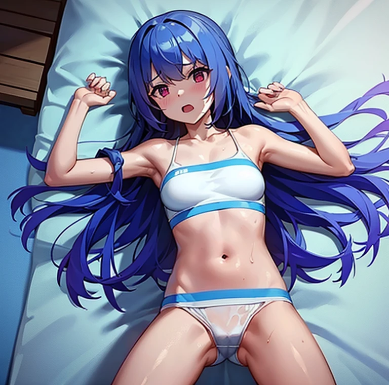 (masterpiece, best quality）a girl，（（spread legs)）），blush，（（Completely pure white bikini）），Sweated a lot，Bikini half-covered，small breasts，Lying on a pure white bed，detail，（Completely soaked，completely wet），Awkward，surprise，Extreme shyness，doubt