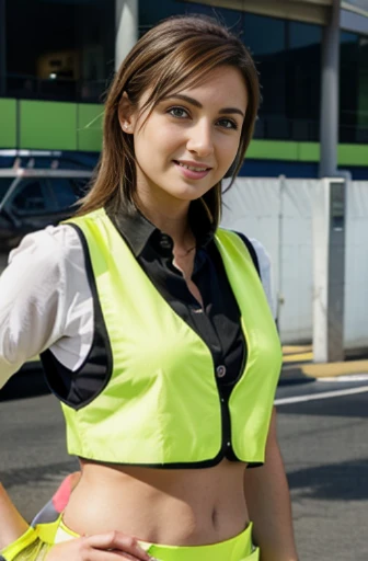welcoming female receptionist airport carpark uk high viz yellow waistcoat very friendly