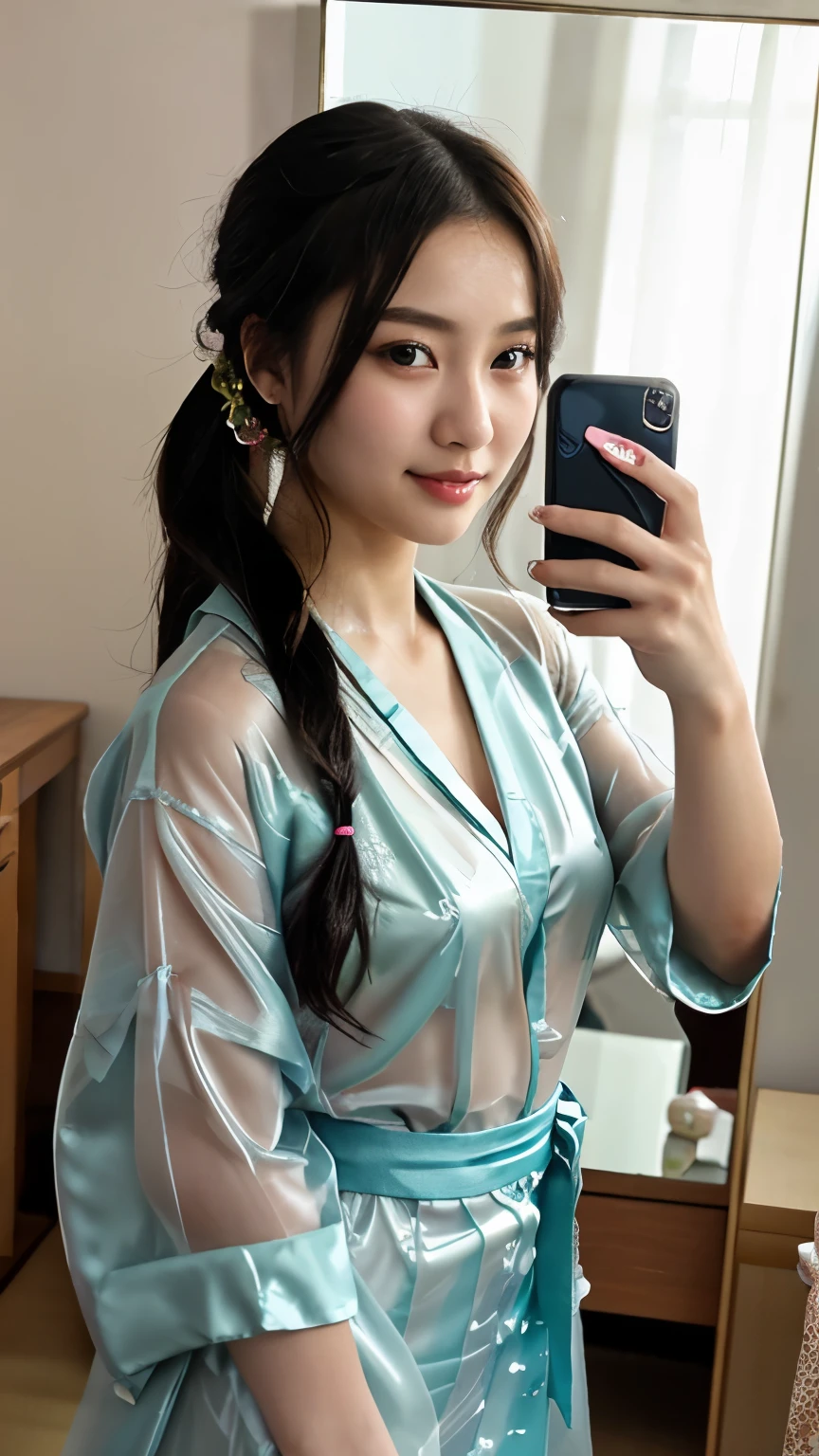 最high quality、high quality、best image quality、8K、最High resolution、High resolution、最high quality、masterpiece、realistic pictures、RAW photo、realistic atmosphere、(detailed face)、(fine hands、thumb1reference4)、(beauty of japan )、very nice face、cute face、((beautiful japanese girl))、(woman), ((18 year old beautiful girl))、(glossy black hair)、(straight long hair)、(ponytail)、whole body、slim style、(shiny skin)、(Fair skin, Glossy skin)、real human skin、realistic human body structure、perfect body, perfect face, perfect hands, perfect fingers, perfect lips, perfect eyes,perfect teeth、perfect background, perfect atmosphere, soft natural light、samurai kimono、maiko kimono、servant、geisha kimono、japanese kimono、Furisode、kimono、Yukata、japanese traditional、((There is a very large dressing table in the room.))、((Transparent see-through(flowery kimono、Hakama with side slits))、((standing front of mirror(Hold your smartphone、Girl taking a selfie of herself in the mirror))