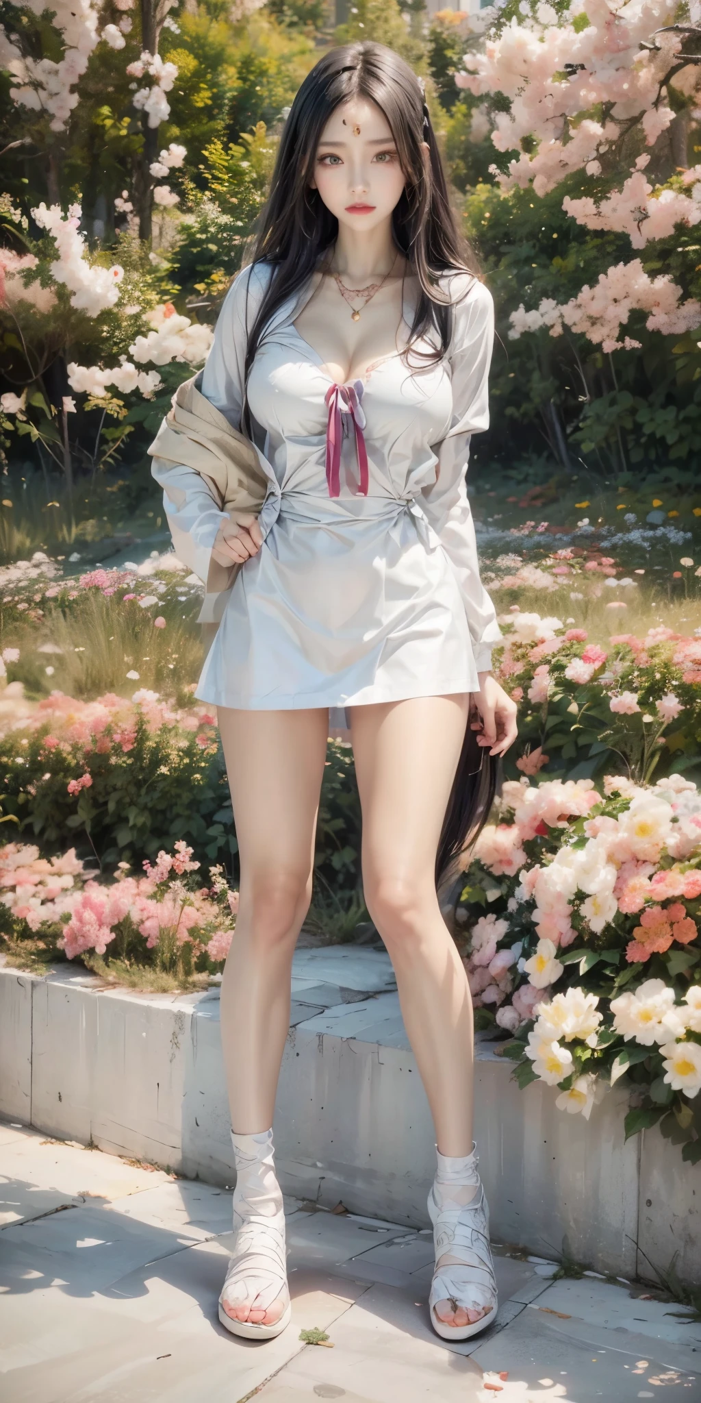 realistic, 1 women, best quality, 12k, HD, long hair, big round breasts, cleavage, ponytail, necklace, jewelry, shorts, short jacket, slim hips, hair tie, yellow eyes, black hair, super detailed, Eye details, hair details, person details, mouth details, face details, breast details, clothes details, hair details, pants details, hand details, whole body