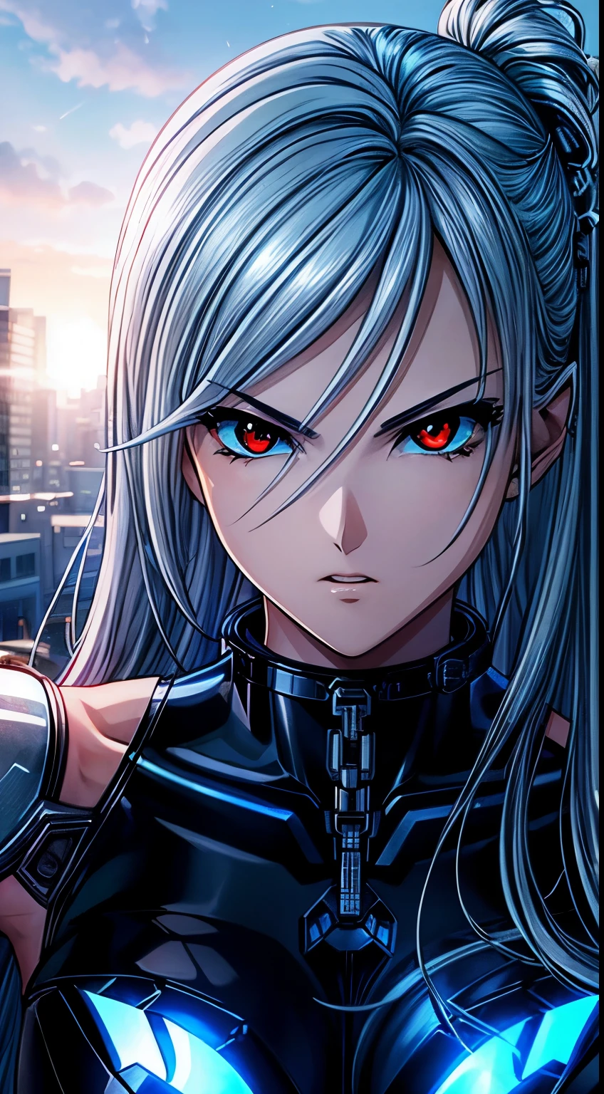 top-quality、​masterpiece、超A high resolution、(Photorealsitic:1.4)、女の子1人、Light blue hair、Straight hair, shiny and clean hair、White shiny skin、Sexy Cyberpunk Girl、((super realistic details))、Shadow、octan render、ultrasharp、hyperdetailed face、Fiberglass、Luminous tube、highly intricate detail、Realistic light、CGSoation Trends、(red eyes with slit pupils)、(Facing the camera)、neon details、Mechanical limbs、Mechanical vertebrae attached to the back、mechanical cervical attaching to neck、Wires and cables connecting to the head、((valkyrie))、((Beam Cannon))、Combat stance、((seductive pose:1.2))、