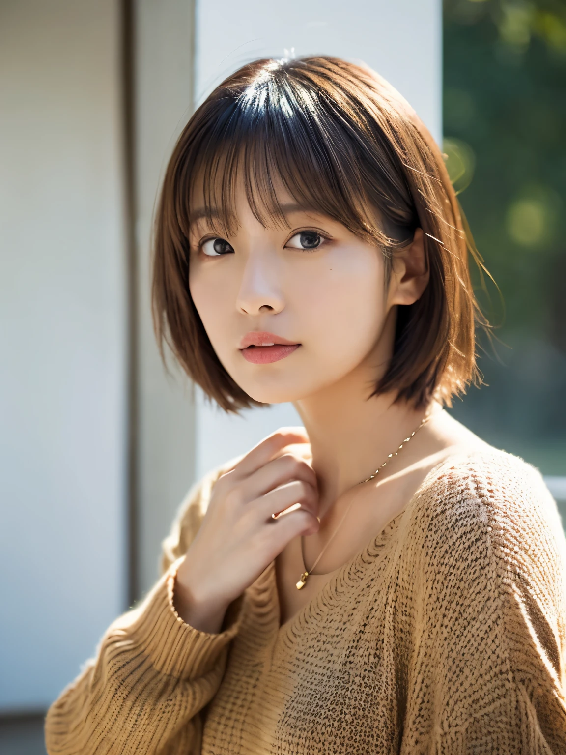 ((masutepiece,top-quality)), (photographrealistic:1.4),((masutepiece,8K))、white wall、(white room)、((full body photo))、shot in natural light、Highly detailed face and skin texture、highly detailed lips、correct state of the human body、Super high resolution、(Photoreal:1.4)、top quality, 1 beautiful woman, 38 years old, s, 150mm lens、Light yellow Knit、(Dark brown medium shorthair)、Japanese woman、(dark brown hair)、Versatile poses、looking at the camera、natural color lip、Winter clothes、 necklace、屋内