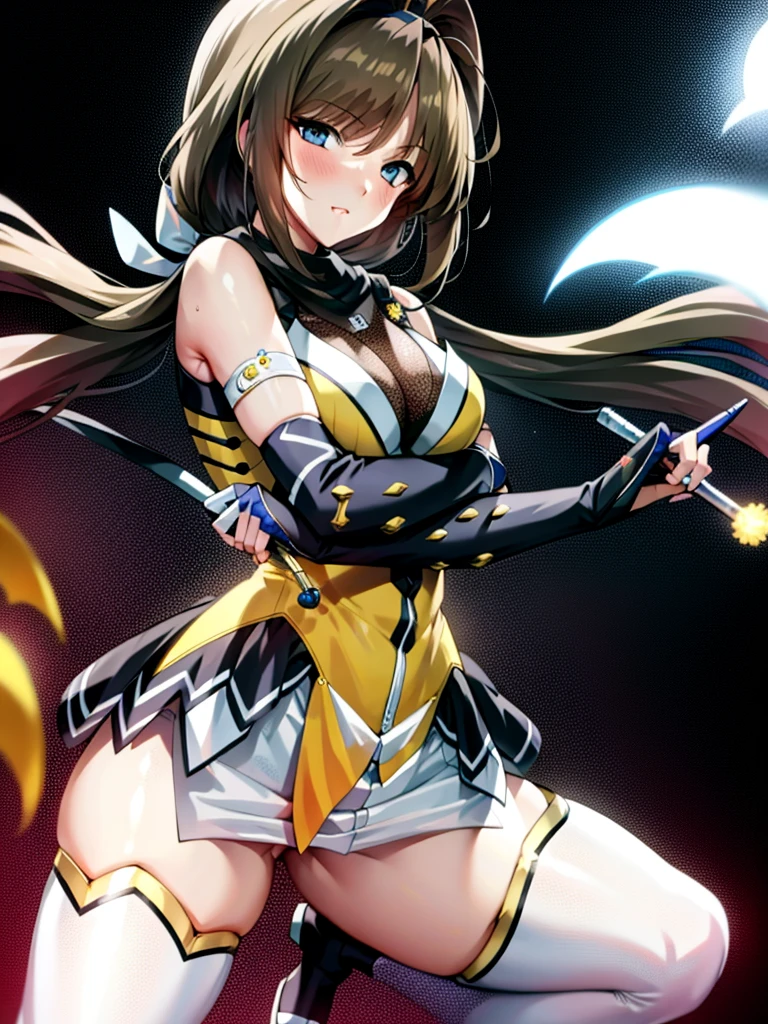 (hyper extreme detailed),(master piece),(hyper extreme),(realistic),cg,Lastration,novel iLastration,1 girl,takamori_Haruka,ninja,white mini skirt, yellow cloth,white legwear,software,spread legs,Sitting on the delivery table