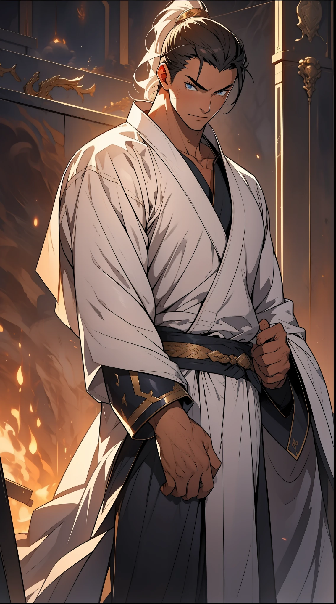 Two dimensions,anime style,one person(male warrior),proportions are correct,facial details,swordsman,high ponytail hairstyle,neck detail,Have an Adam's apple,White robe,joke,white robe,clothing details,transfer,long sleeves,Game quality,fencing,Ray tracing,Ray tracing,Detailed glow,CG rendering,hair details,long white hair,blue eyes,Handsome,Handsome,(Youthful feeling),Clothing is complicated,Perfect composition,refine,high quality,higher details,many details,Complex background,a sense of atmosphere,