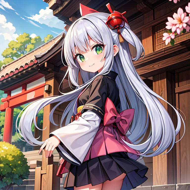 high quality,little girl,short skirt kimono,long straight hair,silver hair,Hairpin,young,young顔立ち,flat chest,big eyes,green eyes,Shrine maiden style,geta,look back,smile,Panty shot,shrine,The scenery of Japan