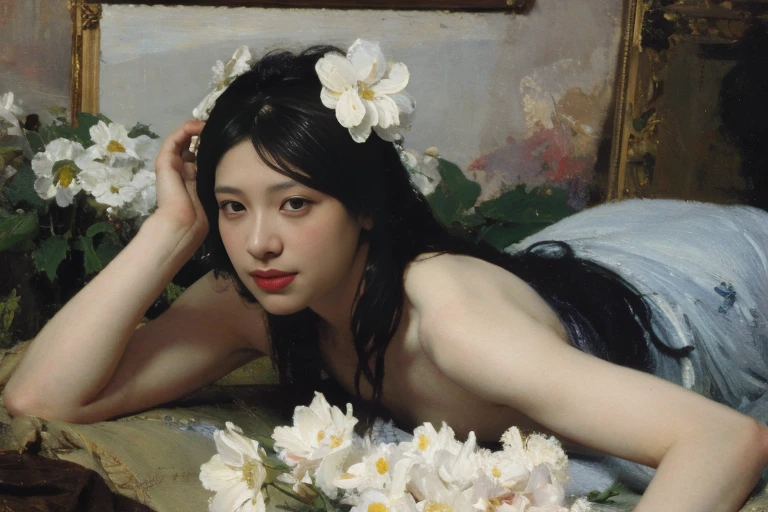 (oil painting:1.5),
\\
a woman with long black hair and white flowers in her hair is laying down in a field of white flowers, (amy sol:0.248), (stanley artgerm lau:0.106), (a detailed painting:0.353), (gothic art:0.106) golden abstract expressionism and the museum of art 