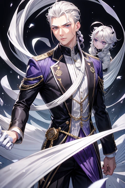 hair style with all hair slicked back、odd eye、silver hair all back、male、hair is long to the shoulders、odd eye、maleの左目赤色、male右目青、Purple coat、increase wide angle、clear eyes、