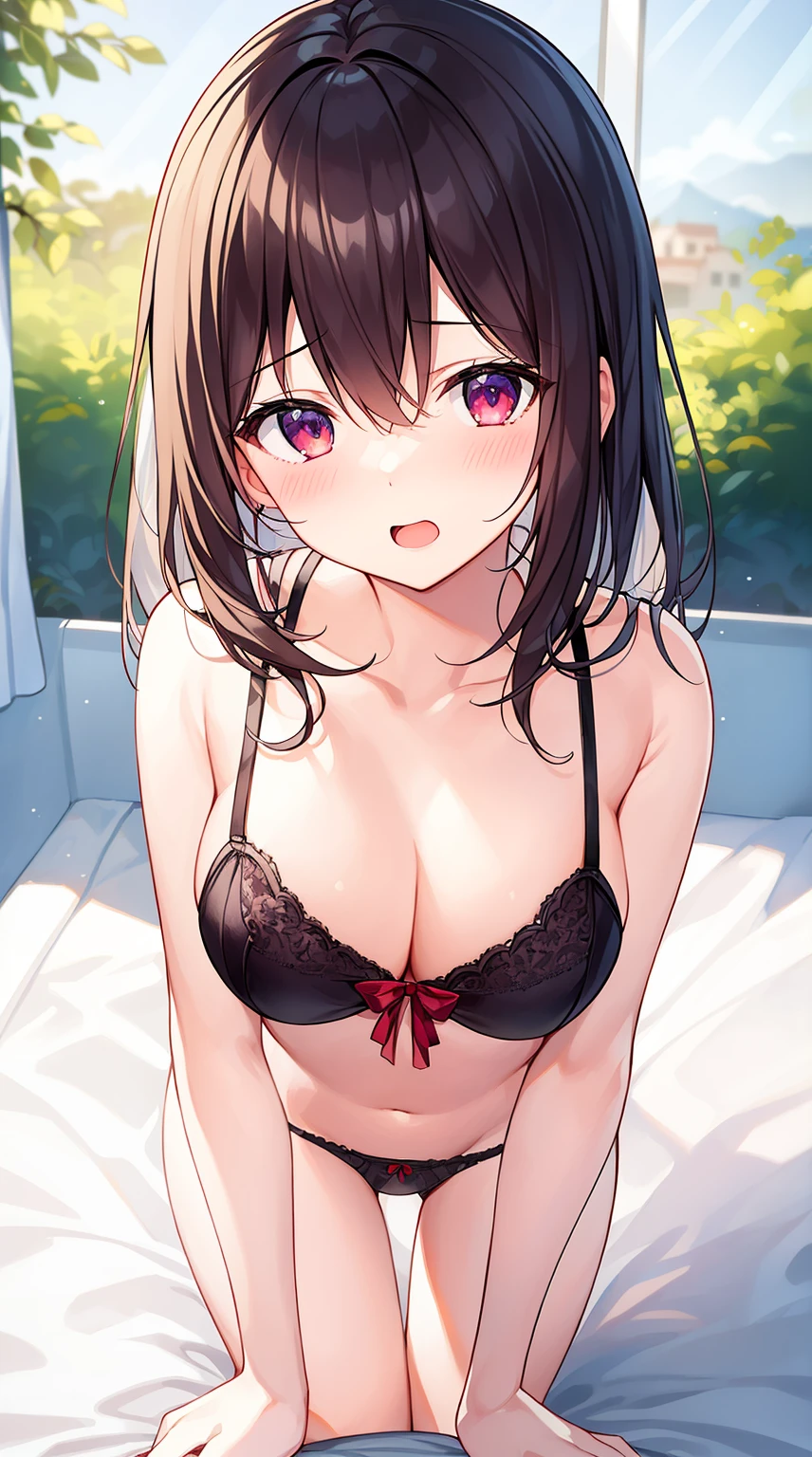 top-quality、​masterpiece、1girl in、in one's underwear only、Cute lingerie、all-fours、to close range、proximity、red blush、Staring at this、Thinly open mouth、