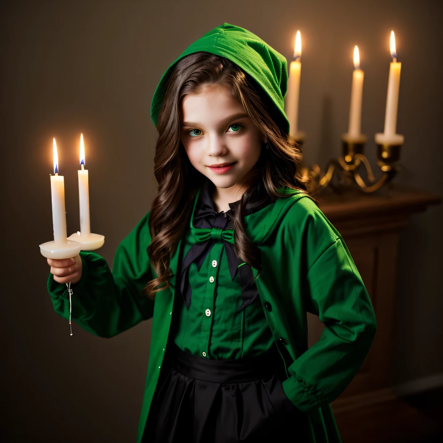 KIDS vampire green clothes. and candles.
