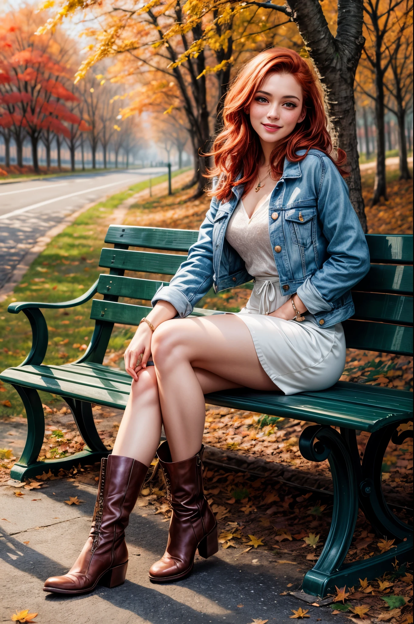 ((full body)), ((best quality)), ((masterpiece)), (detailed), (realistic), young woman, red hair, green eyes, beautiful face, freckles, smiling, casual clothes, denim jacket, white dress, boots, (fashionista:1.2), (autumn:1.3), park, trees, leaves, bench, (romantic:1.2), (oil painting:1.2), (Leonid Afremov:1.1), (impressionist:1.2), warm colors, soft brushstrokes, 8k resolution