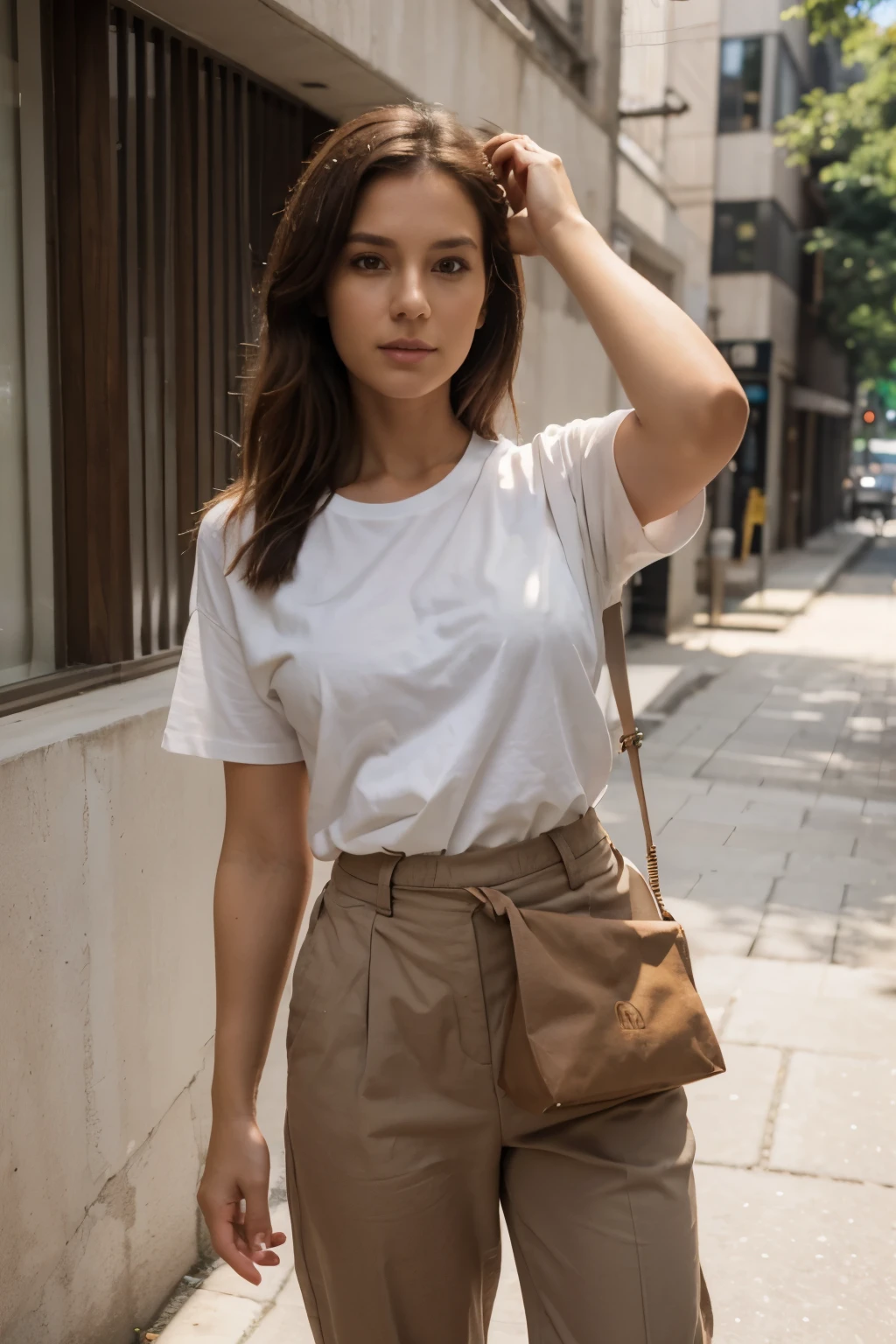 30 years old woman at exterior, dressed with a white t-shirt and brown trousers, holding a brown bag, heels, sunny, sun, detailed face