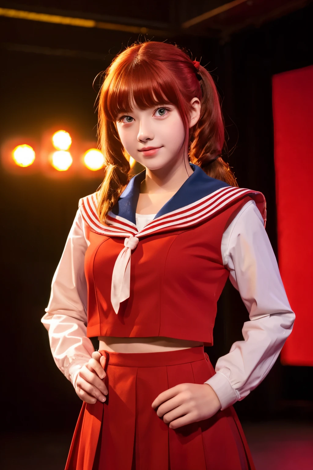 red fabric sailor suit、Red hair with shoulder-length twintails、collar is yellow、Yellow ribbon on chest、red eyes、High School Girl　but、on the theater at night、Trapped under a huge piece of fallen lighting equipment