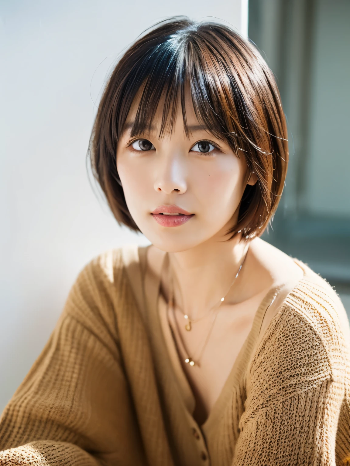 ((masutepiece,top-quality)), (photographrealistic:1.4),((masutepiece,8K))、white wall、(white room)、((full body photo))、shot in natural light、Highly detailed face and skin texture、highly detailed lips、correct state of the human body、Super high resolution、(Photoreal:1.4)、top quality, 1 beautiful woman, 38 years old, s, 150mm lens、Light yellow Knit、(Dark brown medium shorthair)、Japanese woman、(dark brown hair)、Versatile poses、looking at the camera、natural color lip、Winter clothes、 necklace、屋内
