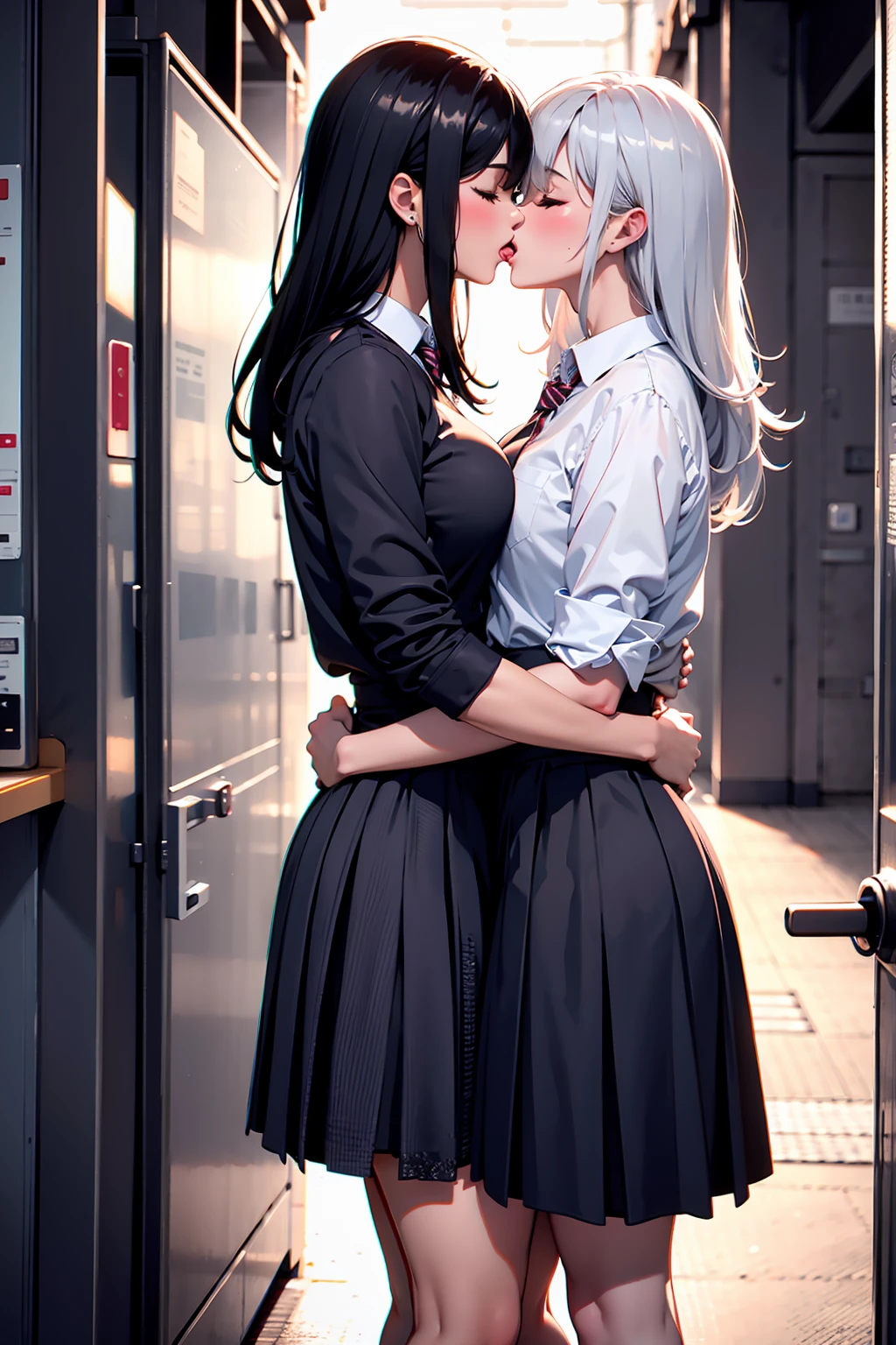 Masterpiece, stunning realistic, best quality, Sharpness, 2 girls,lesbian kissing on a school, large breasts,school uniform, tongue kiss, closed eyes,full body