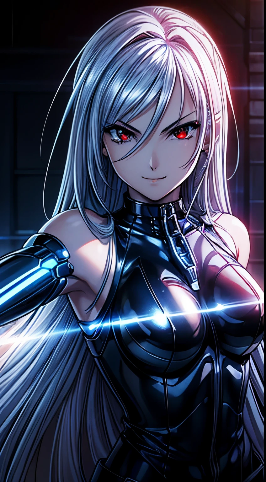 top-quality、​masterpiece、超A high resolution、(Photorealsitic:1.4)、女の子1人、Light blue hair、Straight hair, shiny and clean hair、White shiny skin、Sexy Cyberpunk Girl、((super realistic details))、Shadow、octan render、ultrasharp、hyperdetailed face、Fiberglass、Luminous tube、highly intricate detail、Realistic light、CGSoation Trends、(red eyes with slit pupils)、(Facing the camera)、neon details、Mechanical limbs、Mechanical vertebrae attached to the back、mechanical cervical attaching to neck、Wires and cables connecting to the head、((valkyrie))、((Beam Cannon))、Combat stance、((seductive pose:1.2))、