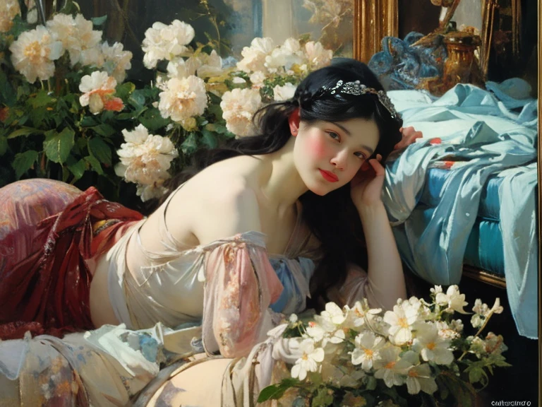 (oil painting:1.5),
\\
a woman with long black hair and white flowers in her hair is laying down in a field of white flowers, (amy sol:0.248), (stanley artgerm lau:0.106), (a detailed painting:0.353), (gothic art:0.106) golden abstract expressionism and the museum of art 