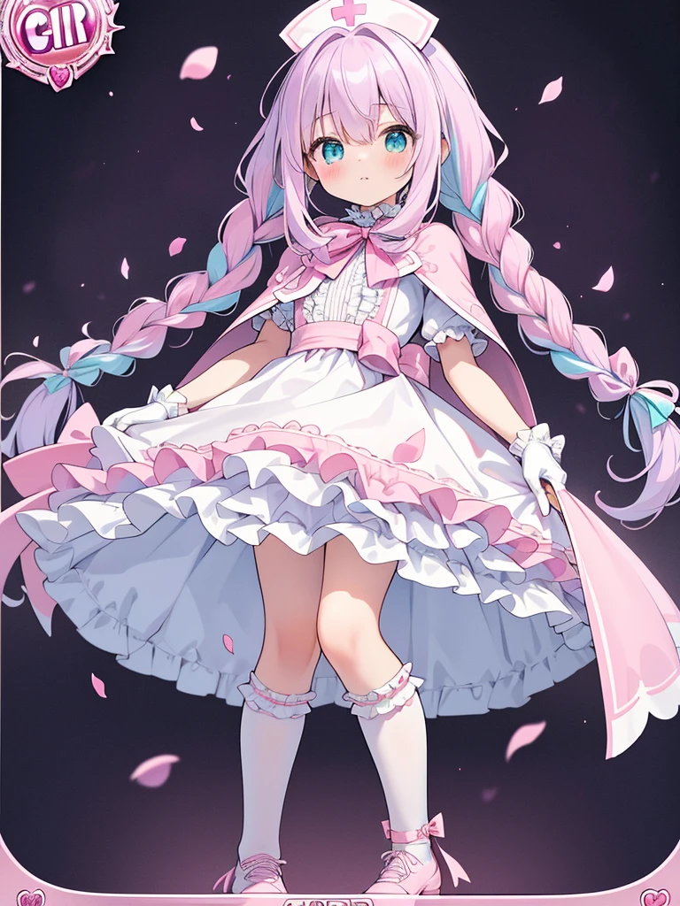 photo realistic, (masterpiece,best quality:1.4),(8k,raw photo,photo realistic:1.2),Not Safe for Work, detailed skin,detailed face,1girl,princess, cute face, super resolution,retro realistic details Illustration,,{{{elaborate,intricately,fantastic,delicately,tremendous,meticulous,minute,incredibly,obsessed,artisan's,subtle,virtuoso,skillful,vibrant, vivid, complex}}}, clearly focus edge, fresh natural gradation, best quality, amazing quality, very aesthetic, absurdres, pubisure, (((Pink gothic dresses))), mini frilled skirt, (((twin braids))), (frilled panties), happy, ((nurse cap)), ((standing)), Alice (Alice in Wonderland), Hair Between Eyes, ((Long hair)), ((light purple hair)), shimmering eyes, aqua eyes, , petite, cute((cape))), Puffy Sleeves, shortsleeves, (((Holding a cute magic wand))), (White frilled apron), flat chest, beautiful hands, neck ribbon, White gloves, baby face, twine eye, ((pink ribbon)) (((frilled overknee socks))),(((high tops))), ((high heels)), Heart necklace, ring, masterpiece, top-quality, not safe for work, yumekawa,yumekawaii, pastel color,(wonderland:1.3),imagination, (((falling petals))), Flower, (Multicolored lights), (((trading card)))