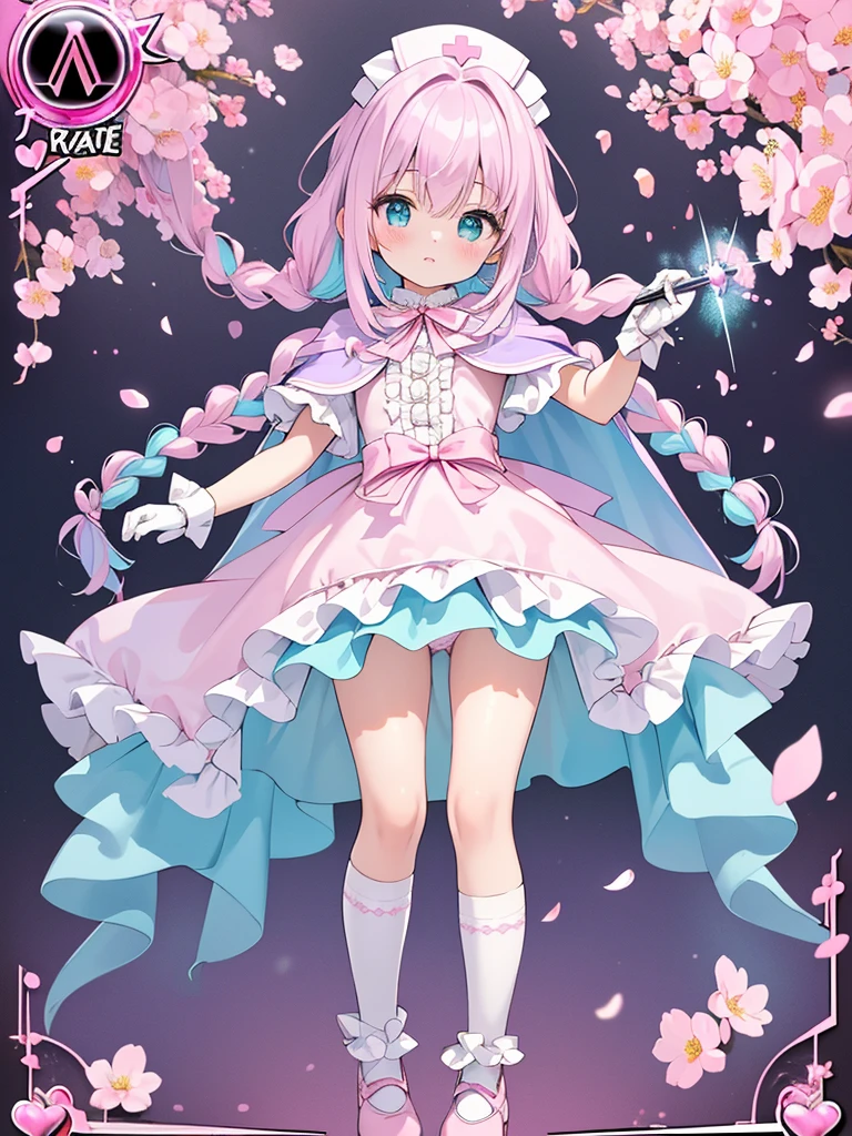 photo realistic, (masterpiece,best quality:1.4),(8k,raw photo,photo realistic:1.2),Not Safe for Work, detailed skin,detailed face,1girl,princess, cute face, super resolution,retro realistic details Illustration,,{{{elaborate,intricately,fantastic,delicately,tremendous,meticulous,minute,incredibly,obsessed,artisan's,subtle,virtuoso,skillful,vibrant, vivid, complex}}}, clearly focus edge, fresh natural gradation, best quality, amazing quality, very aesthetic, absurdres, pubisure, (((Pink gothic dresses))), mini frilled skirt, (((twin braids))), (frilled panties), happy, ((nurse cap)), ((standing)), Alice (Alice in Wonderland), Hair Between Eyes, ((Long hair)), ((light purple hair)), shimmering eyes, aqua eyes, child, 12 yo, petite, cute, (((cape))), Puffy Sleeves, shortsleeves, (((Holding a cute magic wand))), (White frilled apron), flat chest, beautiful hands, neck ribbon, White gloves, baby face, twinkle in the eye, ((pink ribbon)) (((frilled overknee socks))),(((high tops))), ((high heels)), Heart necklace, ring, masterpiece, top-quality, not safe for work, yumekawa,yumekawaii, pastel color,(wonderland:1.3),imagination, (((falling petals))), Flower, (Multicolored lights), (((trading card)))