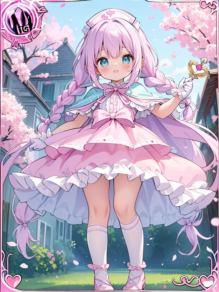 photo realistic, (masterpiece,best quality:1.4),(8k,raw photo,photo realistic:1.2),Not Safe for Work, detailed skin,detailed face,1girl,princess, cute face, super resolution,retro realistic details Illustration,,{{{elaborate,intricately,fantastic,delicately,tremendous,meticulous,minute,incredibly,obsessed,artisan's,subtle,virtuoso,skillful,vibrant, vivid, complex}}}, clearly focus edge, fresh natural gradation, best quality, amazing quality, very aesthetic, absurdres, pubisure, (((Pink  gothic dresses))), mini frilled skirt, (((twin braids))), (frilled panties), happy, ((nurse cap)), ((standing)), Alice (Alice in Wonderland), Hair Between Eyes, ((Long hair)), ((light purple hair)), shimmering eyes, aqua eyes, child, 12 yo, petite, cute, (((cape))), Puffy Sleeves, shortsleeves, (((Holding a cute magic wand))), (White frilled apron), flat chest, beautiful hands, neck ribbon, White gloves, baby face, twinkle in the eye, ((pink ribbon)) (((frilled overknee socks))),(((high tops))), ((high heels)), Heart necklace, ring, masterpiece, top-quality, not safe for work, yumekawa,yumekawaii, pastel color,(wonderland:1.3),imagination, (((falling petals))), Flower, (Multicolored lights), (((trading card)))