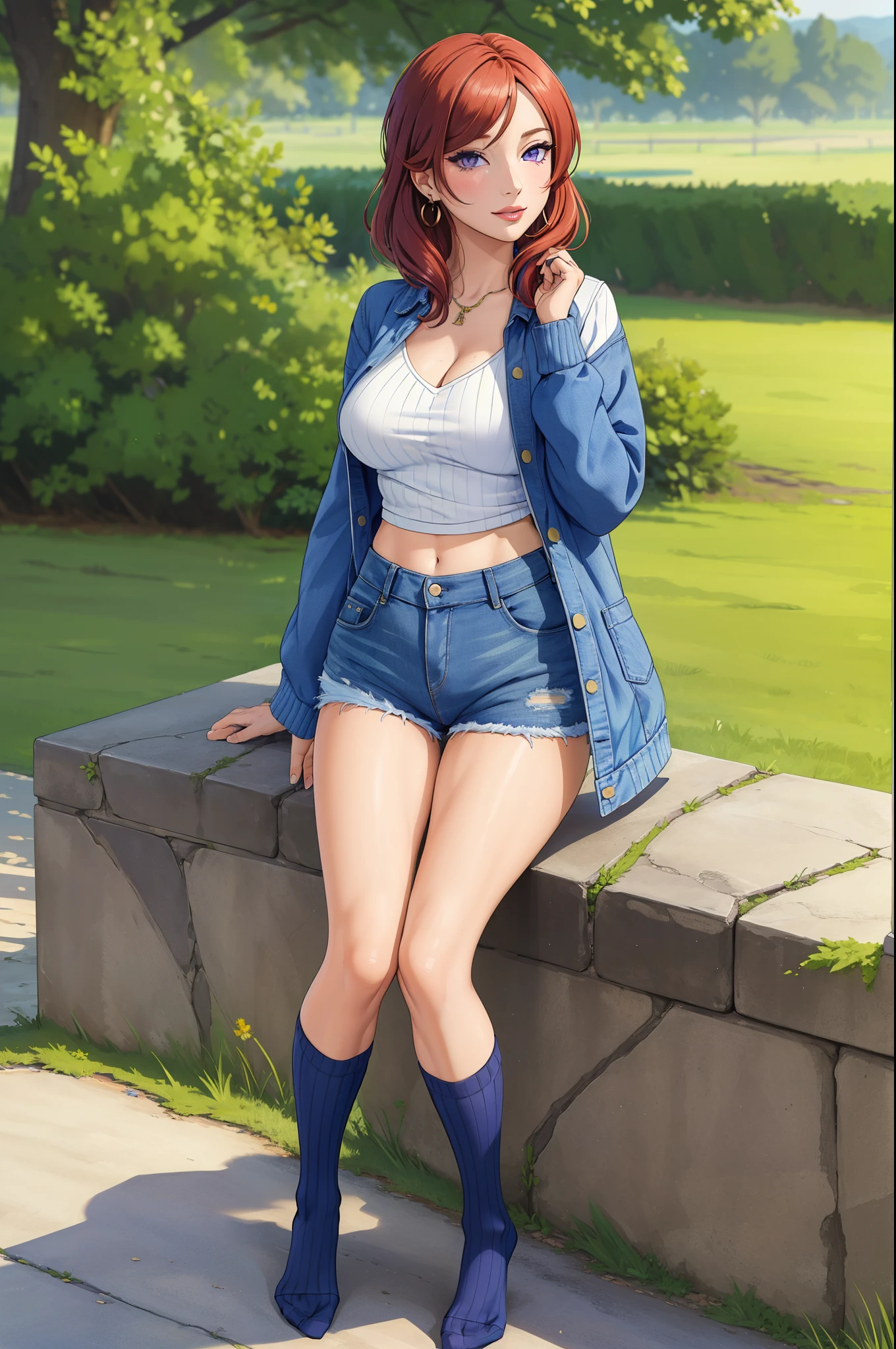 (Masterpiece, Best Quality, High Quality:1.4), professional artwork, well drawn, Intricate Details, field of view,
Nishikino maki, race background, afternoon, 
Red hair, lipstick, makeup, ultra detail hair, ultra detail face, perfect eyes, perfect face, earring, purple eyes, Looking at Viewer, flirting, one hand on hip,
Tight short denim shorts, crop jacket, sweater, long socks, thicc thighs.