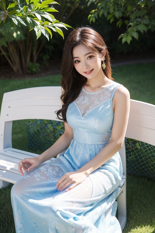 Ulsan-6500-V1.1、Extremely detailed、High definition、Raw color photo、wide shot、1 young woman、Kpop Girl、high detail skin、soft light from above、vivid colors、shiny white skin、wonderful face and eyes、Light makeup、Smile、thin lace long dress、long legs、flower garden、lie face down on the bench、Wake up your upper body、