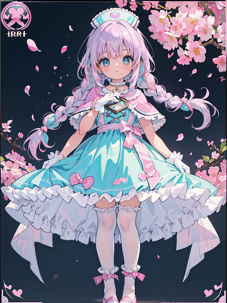 photo realistic, (masterpiece,best quality:1.4),(8k,raw photo,photo realistic:1.2),Not Safe for Work, detailed skin,detailed face,1girl,princess, cute face, super resolution,retro realistic details Illustration,,{{{elaborate,intricately,fantastic,delicately,tremendous,meticulous,minute,incredibly,obsessed,artisan's,subtle,virtuoso,skillful,vibrant, vivid, complex}}}, clearly focus edge, fresh natural gradation, best quality, amazing quality, very aesthetic, absurdres, pubisure, (((Pink  gothic dresses))), mini frilled skirt, (((twin braids))), (frilled panties), happy, ((nurse cap)), ((standing)), Alice (Alice in Wonderland), Hair Between Eyes, ((Long hair)), ((light purple hair)), shimmering eyes, aqua eyes, child, 12 yo, petite, cute, (((cape))), Puffy Sleeves, shortsleeves, (((Holding a cute magic wand))), (White frilled apron), flat chest, beautiful hands, neck ribbon, White gloves, baby face, twinkle in the eye, ((pink ribbon)) (((frilled overknee socks))),(((high tops))), ((high heels)), Heart necklace, ring, masterpiece, top-quality, not safe for work, yumekawa,yumekawaii, pastel color,(wonderland:1.3),imagination, (((falling petals))), Flower, (Multicolored lights), (((trading card)))
