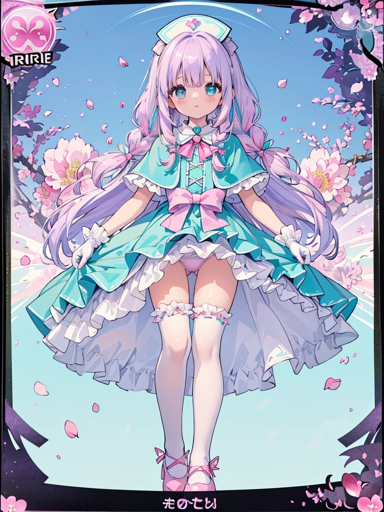 photo realistic, (masterpiece,best quality:1.4),(8k,raw photo,photo realistic:1.2),Not Safe for Work, detailed skin,detailed face,1girl,princess, cute face, super resolution,retro realistic details Illustration,,{{{elaborate,intricately,fantastic,delicately,tremendous,meticulous,minute,incredibly,obsessed,artisan's,subtle,virtuoso,skillful,vibrant, vivid, complex}}}, clearly focus edge, fresh natural gradation, best quality, amazing quality, very aesthetic, absurdres, pubisure, (((Pink gothic dresses))), mini frilled skirt, (((twin braids))), (frilled panties), happy, ((nurse cap)), ((standing)), Alice (Alice in Wonderland), Hair Between Eyes, ((Long hair)), ((light purple hair)), shimmering eyes, aqua eyes, child, 12 yo, petite, cute, (((cape))), Puffy Sleeves, shortsleeves, (((Holding a cute magic wand))), (White frilled apron), flat chest, beautiful hands, neck ribbon, White gloves, baby face, twinkle in the eye, ((pink ribbon)) (((frilled overknee socks))),(((high tops))), ((high heels)), Heart necklace, ring, masterpiece, top-quality, not safe for work, yumekawa,yumekawaii, pastel color,(wonderland:1.3),imagination, (((falling petals))), Flower, (Multicolored lights), (((trading card)))