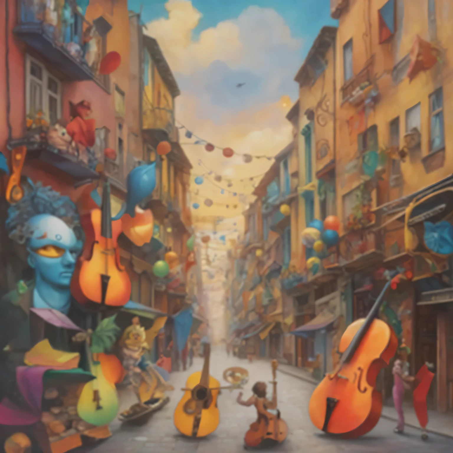painting of a street with a bunch of musical instruments hanging from the ceiling, very very surreal, adrian borda, inspired by ESAO, by Tony Sart, 256x256, 2 5 6 x 2 5 6, andrews esao artstyle, inspired by Esao Andrews, surreal scene, official artwork, album art, surrealistic painting