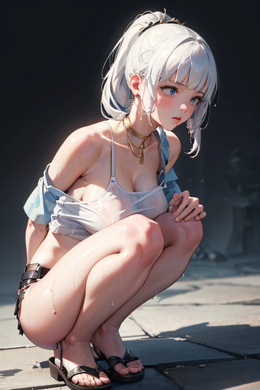 (((Masterpiece))), (portrait), white hair, diffused light, dynamic shadows, sharp focus, realistic, detailed, highres, absurdres, white background, (boobsqueeze), looking to the side, t-shirt, no bra, photorealistic, lifelike, wet, lips apart, (submissive squatting), armpits, dynamic motion