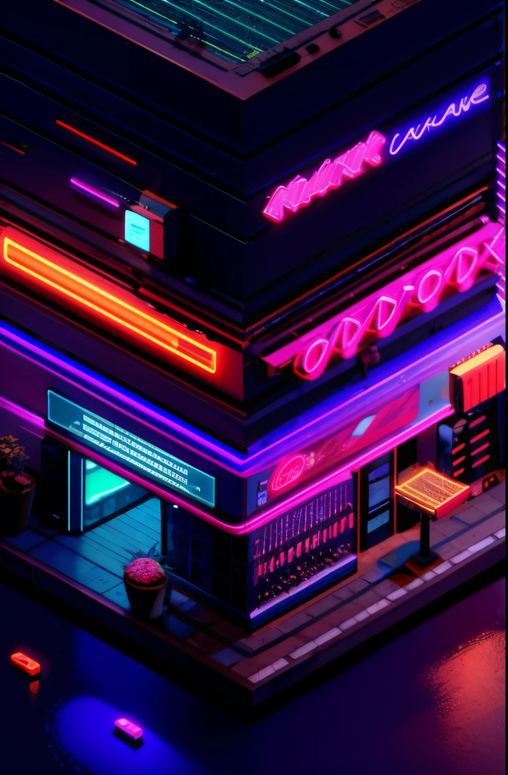 Isometric,outdoors, no humans, 2 floor building, Cyberpunk, scenery, sign, cable, trash can, neon lights, san fransisco scene, ultra sharp, best illustration, (zentangle, mandala, tangle, entangle:0.6), extreme light and shadow, bloom, shine, dynamic angle,