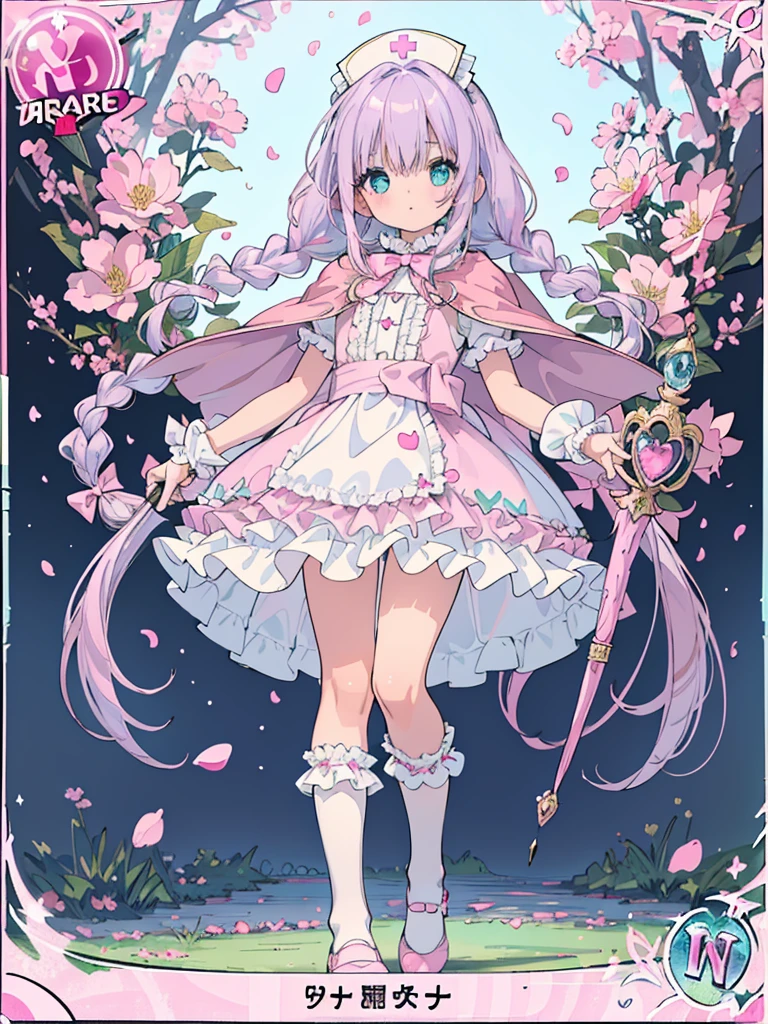 photo realistic, (masterpiece,best quality:1.4),(8k,raw photo,photo realistic:1.2),Not Safe for Work, detailed skin,detailed face,1girl,princess, cute face, super resolution,retro realistic details Illustration,,{{{elaborate,intricately,fantastic,delicately,tremendous,meticulous,minute,incredibly,obsessed,artisan's,subtle,virtuoso,skillful,vibrant, vivid, complex}}}, clearly focus edge, fresh natural gradation, best quality, amazing quality, very aesthetic, absurdres, pubisure, (((Pink  gothic dresses))), mini frilled skirt, (((twin braids))), (frilled panties), happy, ((nurse cap)), ((standing)), Alice (Alice in Wonderland), Hair Between Eyes, ((Long hair)), ((light purple hair)), shimmering eyes, aqua eyes, child, 12 yo, petite, cute, (((cape))), Puffy Sleeves, shortsleeves, (((Holding a cute magic wand))), (White frilled apron), flat chest, beautiful hands, neck ribbon, White gloves, baby face, twinkle in the eye, ((pink ribbon)) (((frilled overknee socks))),(((high tops))), ((high heels)), Heart necklace, ring, masterpiece, top-quality, not safe for work, yumekawa,yumekawaii, pastel color,(wonderland:1.3),imagination, (((falling petals))), Flower, (Multicolored lights), (((trading card)))