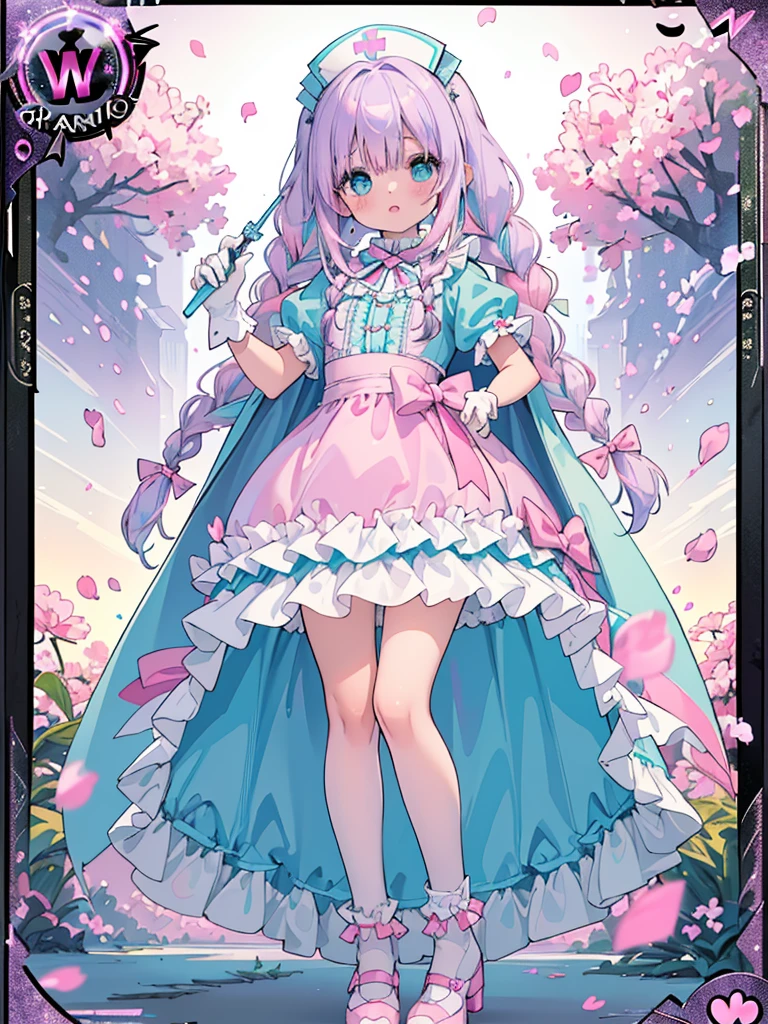 photo realistic, (masterpiece,best quality:1.4),(8k,raw photo,photo realistic:1.2),Not Safe for Work, detailed skin,detailed face,1girl,princess, cute face, super resolution,retro realistic details Illustration,,{{{elaborate,intricately,fantastic,delicately,tremendous,meticulous,minute,incredibly,obsessed,artisan's,subtle,virtuoso,skillful,vibrant, vivid, complex}}}, clearly focus edge, fresh natural gradation, best quality, amazing quality, very aesthetic, absurdres, pubisure, (((Pink  gothic dresses))), mini frilled skirt, (((twin braids))), (frilled panties), happy, ((nurse cap)), ((standing)), Alice (Alice in Wonderland), Hair Between Eyes, ((Long hair)), ((light purple hair)), shimmering eyes, aqua eyes, child, 12 yo, petite, cute, (((cape))), Puffy Sleeves, shortsleeves, (((Holding a cute magic wand))), (White frilled apron), flat chest, beautiful hands, neck ribbon, White gloves, baby face, twinkle in the eye, ((pink ribbon)) (((frilled overknee socks))),(((high tops))), ((high heels)), Heart necklace, ring, masterpiece, top-quality, not safe for work, yumekawa,yumekawaii, pastel color,(wonderland:1.3),imagination, (((falling petals))), Flower, (Multicolored lights), (((trading card)))