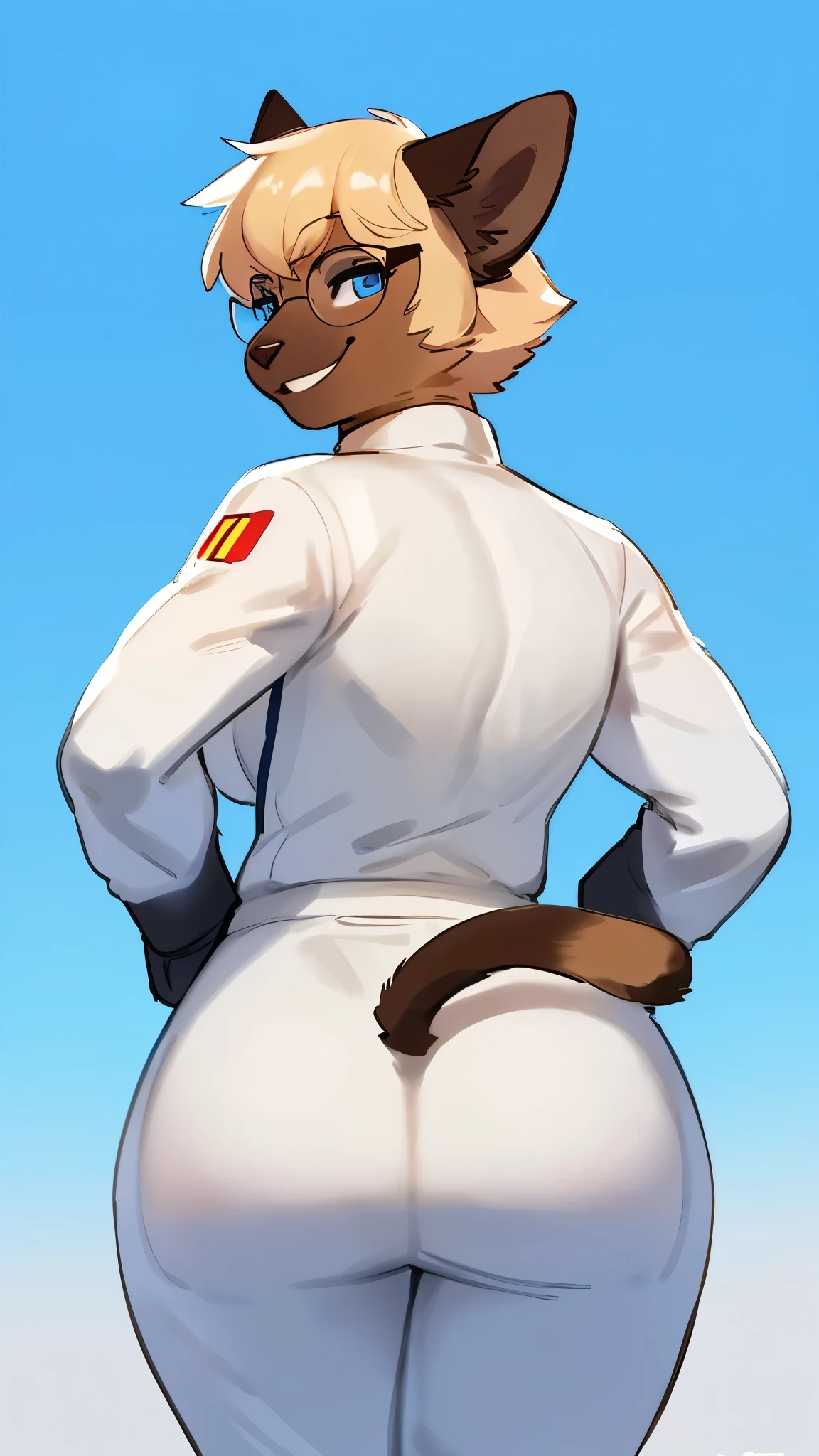 By bebebebebe, by lostgoose, by goonie-san, solo, snout, ears, feline, siamese cat, pale blue eyes, tan hair, short hair, hair bangs, (muscular), smiling, happy, ((curvy)), brown upper face, offwhite fur, female, plump breasts, (adult, mature), (cat tail), grey spacesuit, (((rectangular glasses))), ((view from behind, view of butt, focus on butt))