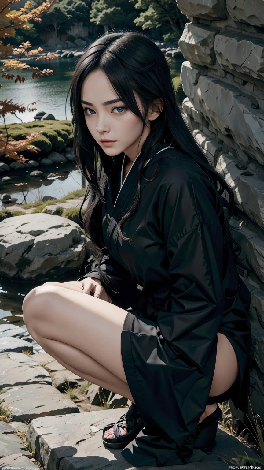 22 year old woman、Hair color is black、blue eyes、long hair、The ends of the hair are wavy、Covering his face with cloth like a ninja、Wearing an all-black ninja suit、Slender but muscular body、I'm in a Japanese castle、I'm next to a stone wall made of large stones.、crouching like a ninja