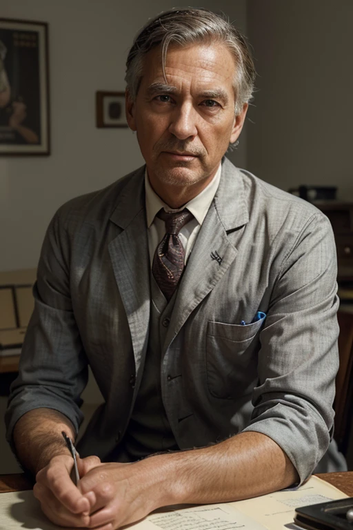 timeless style, 1950s full shot body photo of the most beautiful realisticwork in the world featuring (ww2) male doctor sitting on a desk nearby, grey hair, old man, white outfit,(handsome,sexy,hot old male doctor),((detailed face and eyes)), (well defined face, gentleman:1.3 ),focus on male, male focus, man, real human skin, nostalgia, 1man, stethoscope, heart professional majestic oil painting by Ed Blinkey, Atey Ghailan, Studio Ghibli, by Jeremy Mann, Greg Manchess, Antonio Moro, trending on ArtStation, trending on CGSociety, Intricate, High Detail, Sharp focus, dramatic, photorealistic painting art by midjourney and greg rutkowski