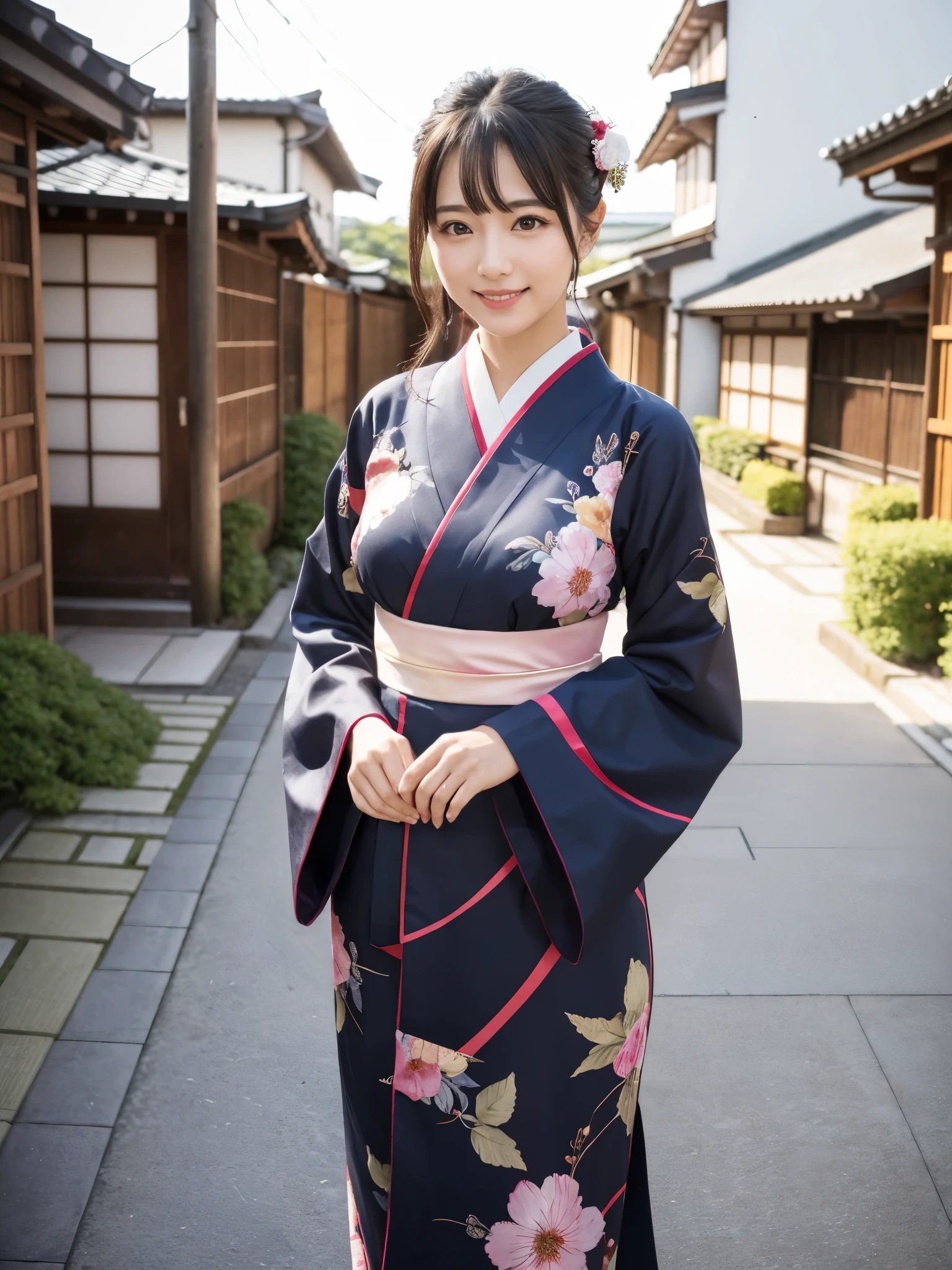 Beautiful woman in neat Japanese clothes、((best qualtiy、8k masterpieces:1.3))、foco nítido:1.2、(ultra beautiful faces:1.0)、(shinny skin:1.0)、photos realistic、A dark-haired、Video Lighting、High-definition eyes and face、Video Lighting、Japan Idol Actress、from the front side、medium breasts、Smile、Slender Abs Beauty、Whole body、In furisode